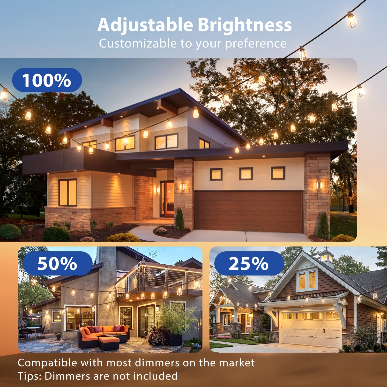 Waterproof Outdoor String Lights | Commercial Grade Led Lights, Optional Remote Control Dimming, Hanging For Backyard, Garden, Pergola, Party, Deck, Multiple Colors, 200Ft\u002F150Ft\u002F100Ft\u002F50Ft\u002F27Ft |, Yellow Light, 120V Plug Powered