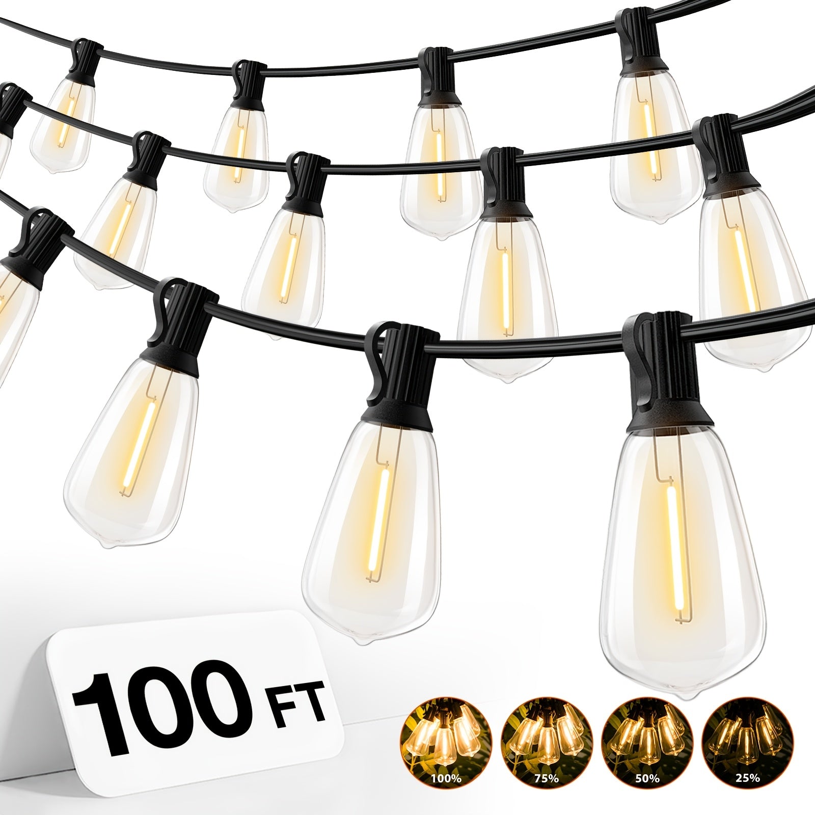 Waterproof Outdoor String Lights | Commercial Grade Led Lights, Optional Remote Control Dimming, Hanging For Backyard, Garden, Pergola, Party, Deck, Multiple Colors, 200Ft\u002F150Ft\u002F100Ft\u002F50Ft\u002F27Ft |, Yellow Light, 120V Plug Powered