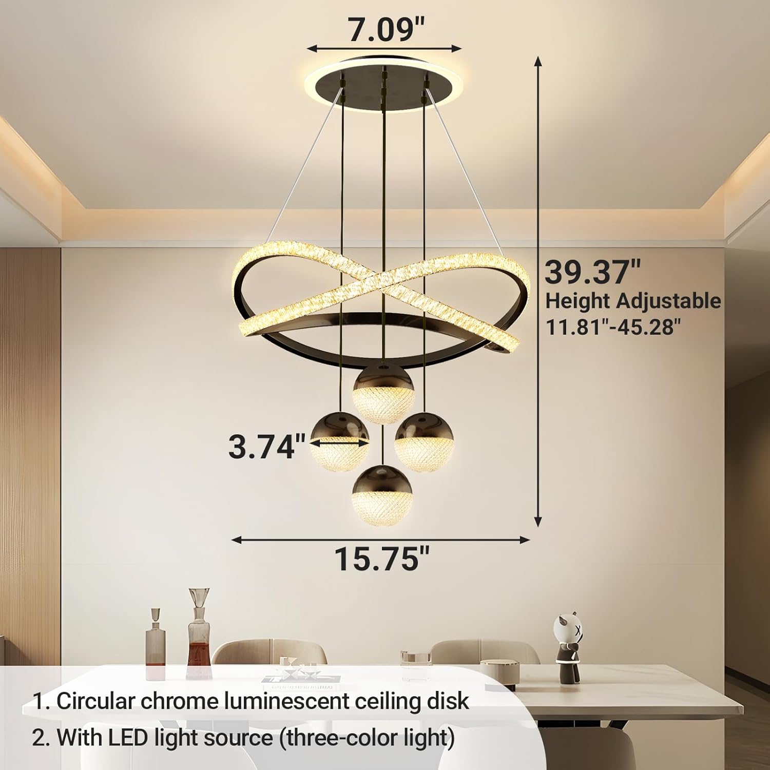 3-Color Dimmable Modern Chandelier with Remote, Adjustable Height Black Pendant Light, Lighting Fixture Dining Table Kitchen Island Living Room Bedroom