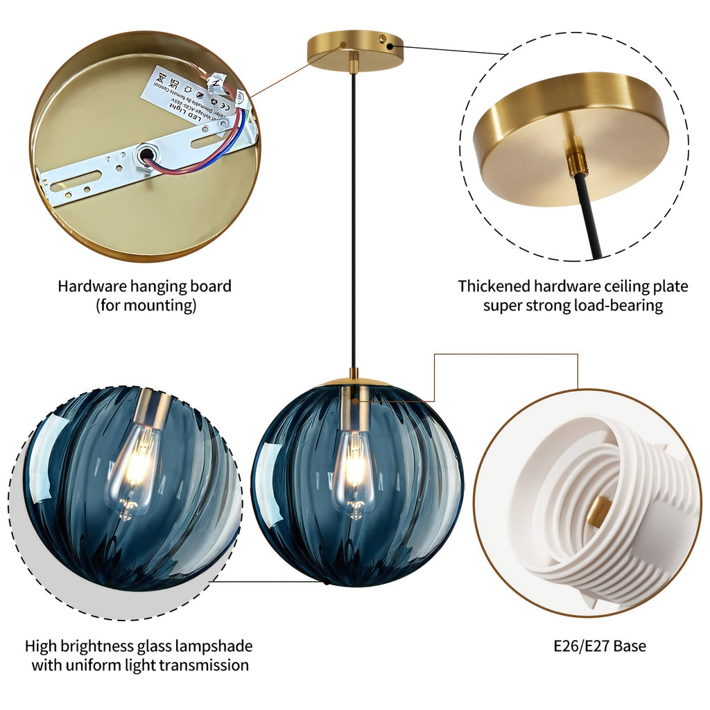 Modern European Minimalist Spherical Pendant Lamp with a Blue Translucent Striped Glass Lampshade, Ideal for Use in Bathrooms, Dining Rooms, Corridors, And Beside Beds in Restaurants (Bulb Not Included)