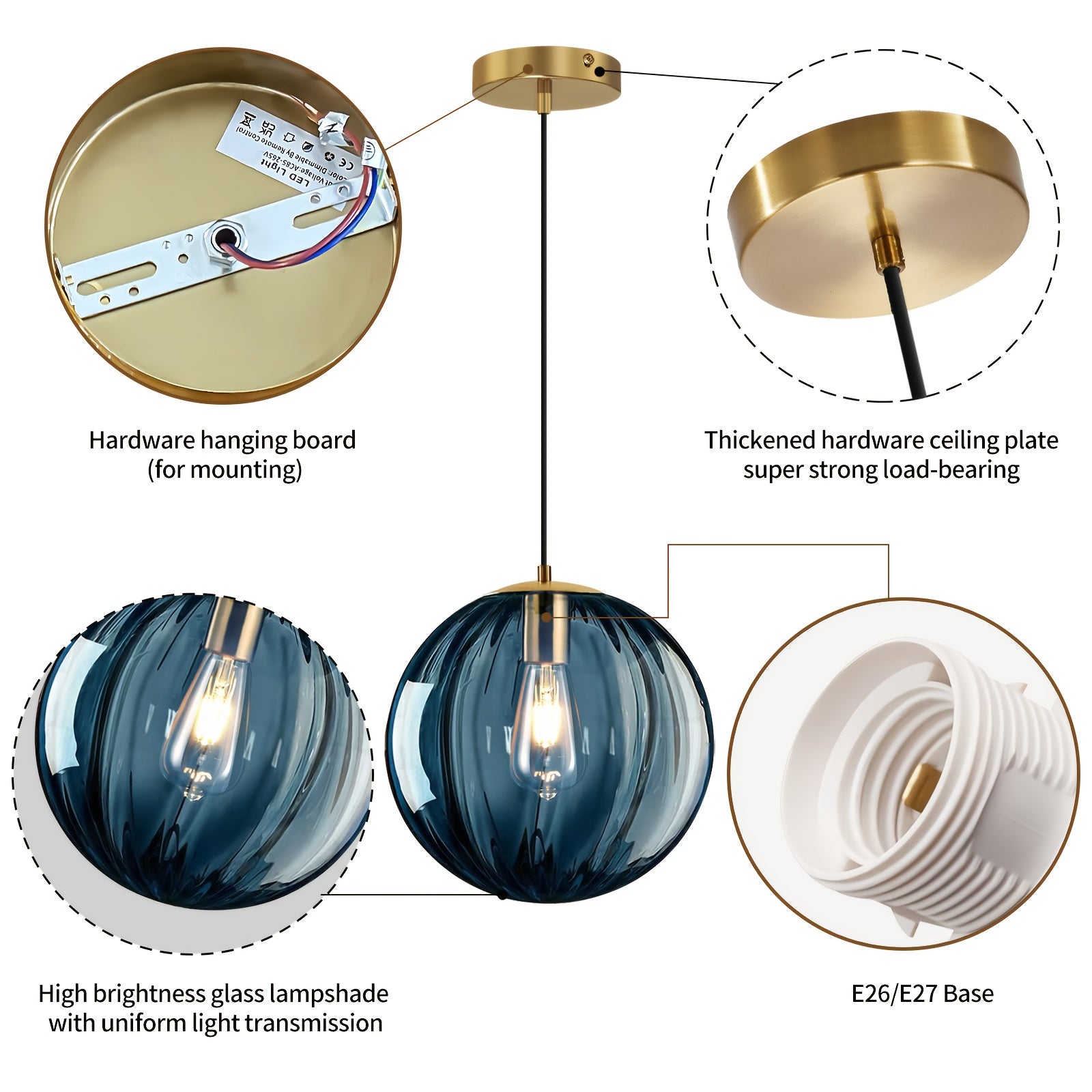 Modern European Minimalist Spherical Pendant Lamp with a Blue Translucent Striped Glass Lampshade, Ideal for Use in Bathrooms, Dining Rooms, Corridors, And Beside Beds in Restaurants (Bulb Not Included)