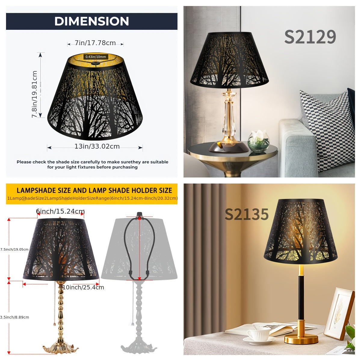 Etched Woodland Metal Lampshade Compatible for Table\u002FFloor Lamps - Black Exterior & Golden Interior Diffuser, Elegant Shade for, Square (7x13x7.8\