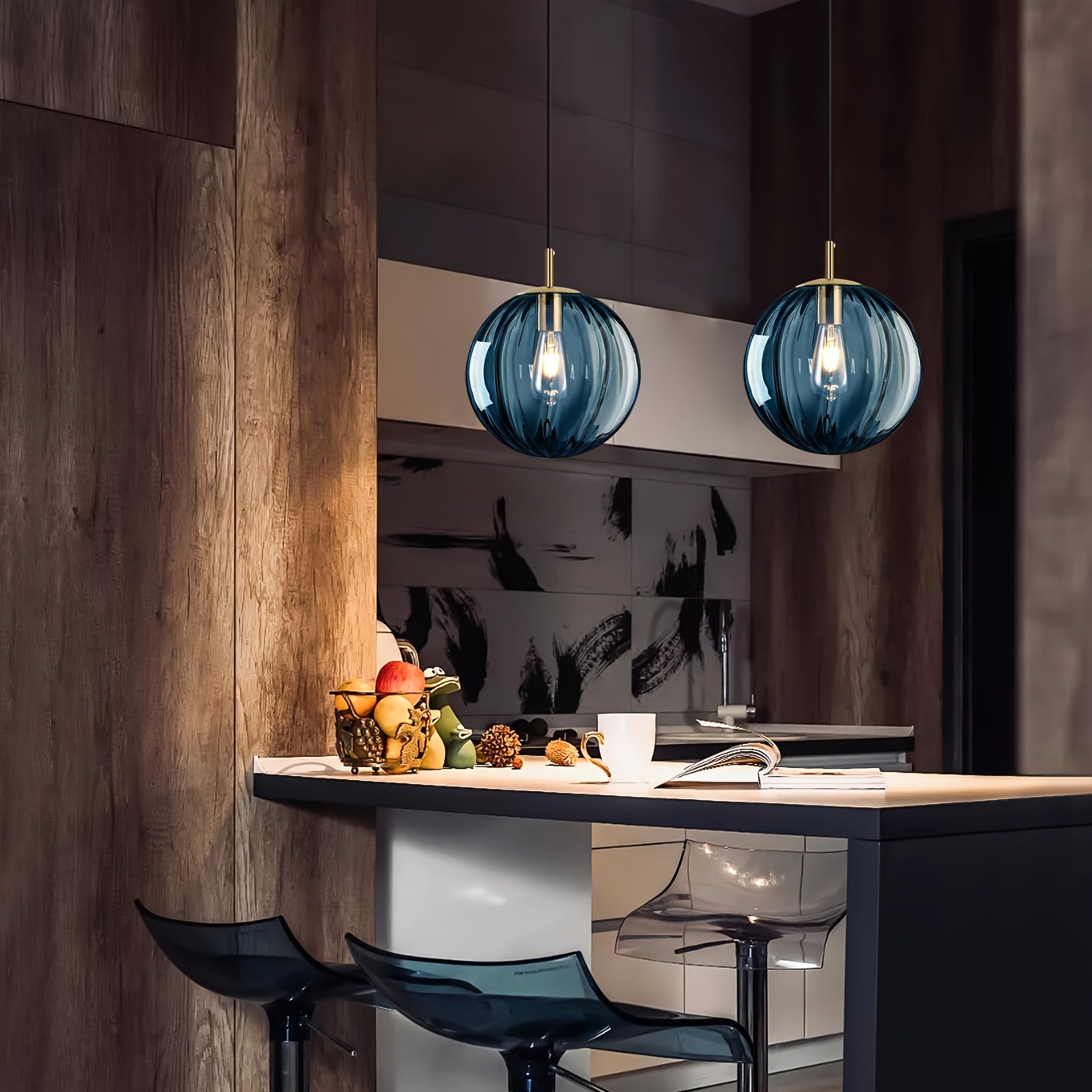 Modern European Minimalist Spherical Pendant Lamp with a Blue Translucent Striped Glass Lampshade, Ideal for Use in Bathrooms, Dining Rooms, Corridors, And Beside Beds in Restaurants (Bulb Not Included)