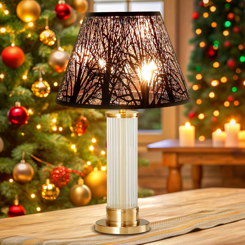 Etched Woodland Metal Lampshade Compatible for Table\u002FFloor Lamps - Black Exterior & Golden Interior Diffuser, Elegant Shade for, Square (7x13x7.8\