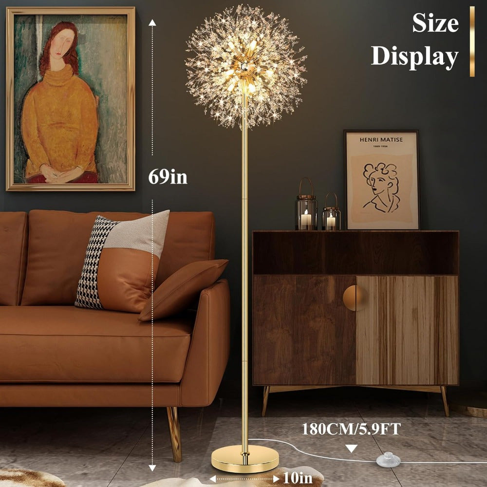 Beslowe 69'' Crystal Floor Lamp for Living Room, Modern Standing Lamp with 738pcs K9 Crystals, Tall Lamp Pole Light for Bedroom Office, Mid Century Golden Floor Lighting with 9 LED Bulbs, Antique Brass