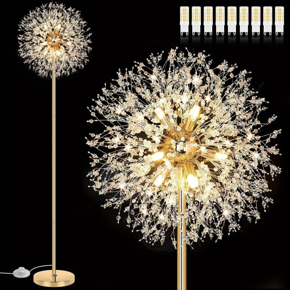 Beslowe 69'' Crystal Floor Lamp for Living Room, Modern Standing Lamp with 738pcs K9 Crystals, Tall Lamp Pole Light for Bedroom Office, Mid Century Golden Floor Lighting with 9 LED Bulbs, Antique Brass