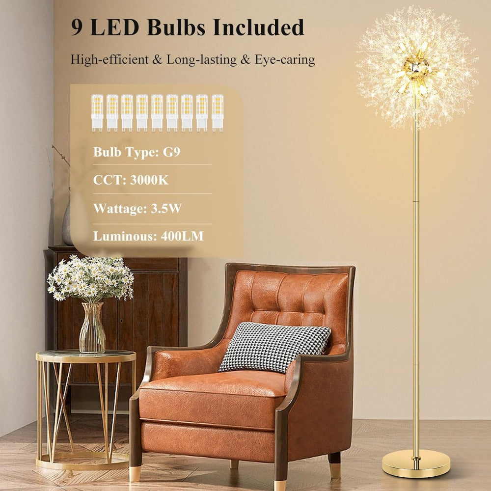 Beslowe 69'' Crystal Floor Lamp for Living Room, Modern Standing Lamp with 738pcs K9 Crystals, Tall Lamp Pole Light for Bedroom Office, Mid Century Golden Floor Lighting with 9 LED Bulbs, Antique Brass