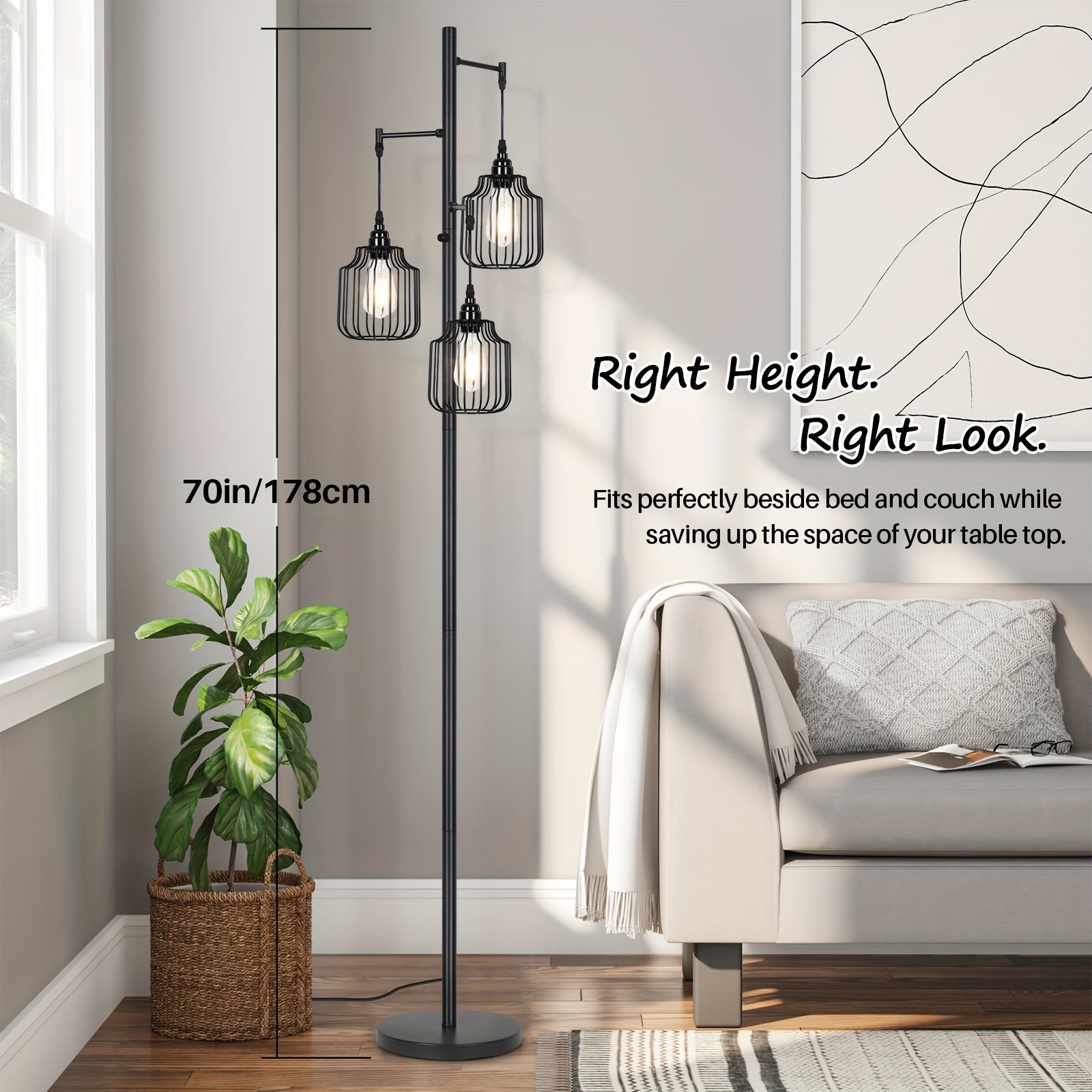 Dimmable Industrial Tree Floor Lamp For Living Room, With 3 Elegant Teardrop Cage Heads & ST58 Edison LED Bulbs, Sturdy Base Tall Vintage Pole Light Great For Farmhouse Rustic Bedroom Office