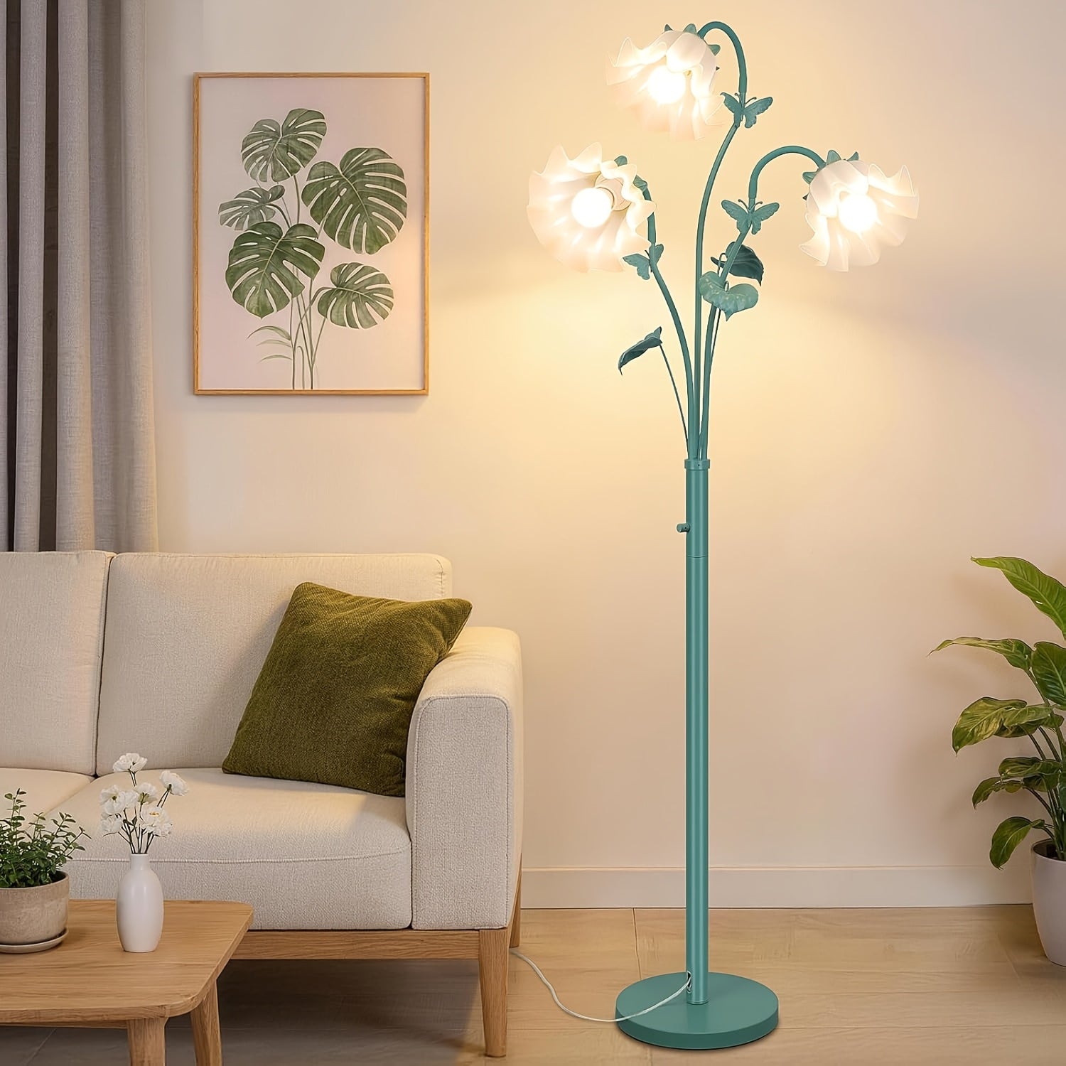 75'' Flower Floor Lamp for Living Room, 3-Light Floral Standing Lamp with Adjustable Gooseneck, Tall Corner Floor Lamp for Bedroom Office, Unique Aesthetic Home Decor, LED Bulbs Included