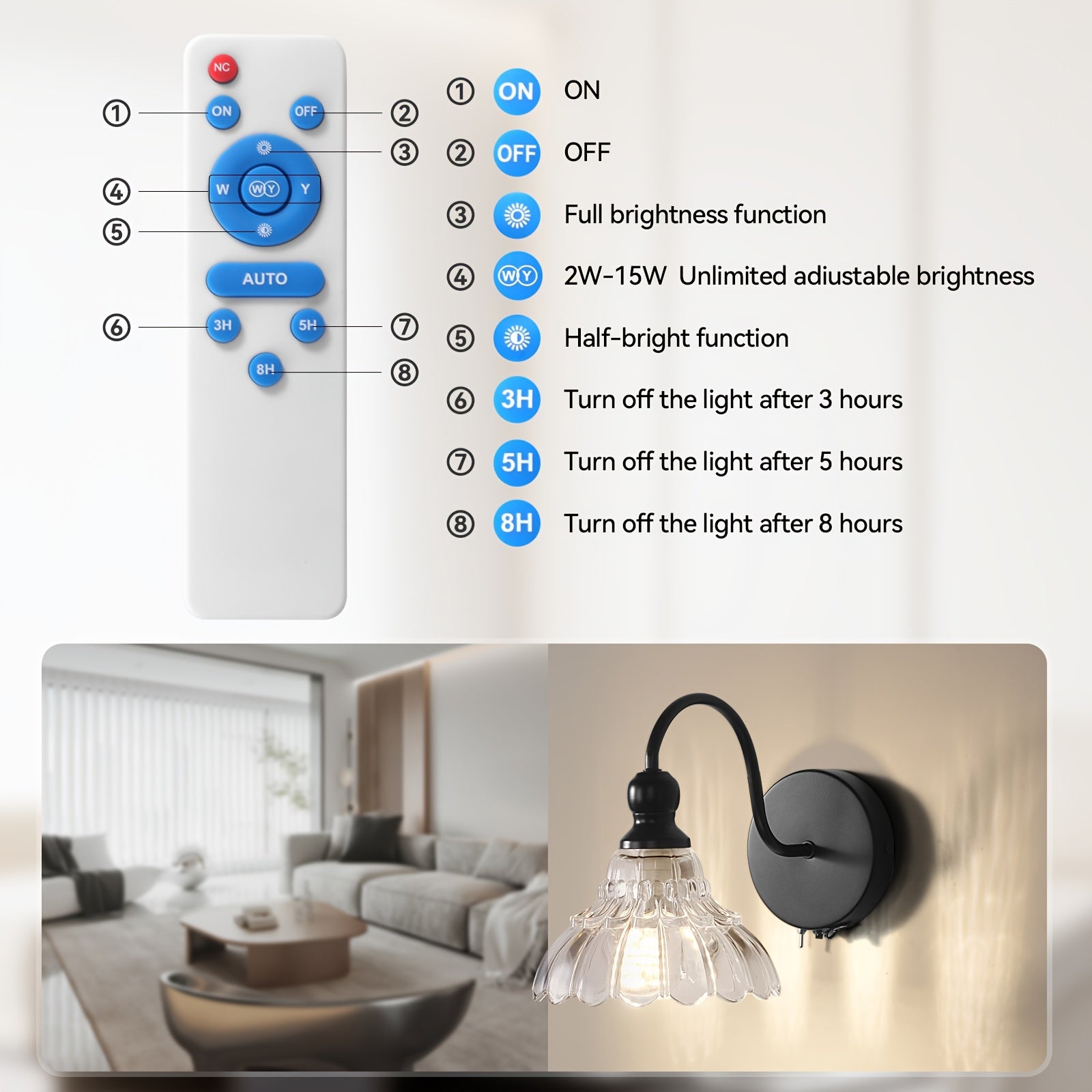 Wall Sconce Light with Remote Control Dimmable LED Lamp - Rechargeable Wall Light Suitable for Bedroom, Living Room, Bathroom, Vanity, Panel Fixtures, Infrared, Semi-Recessed Installation, Battery Operated