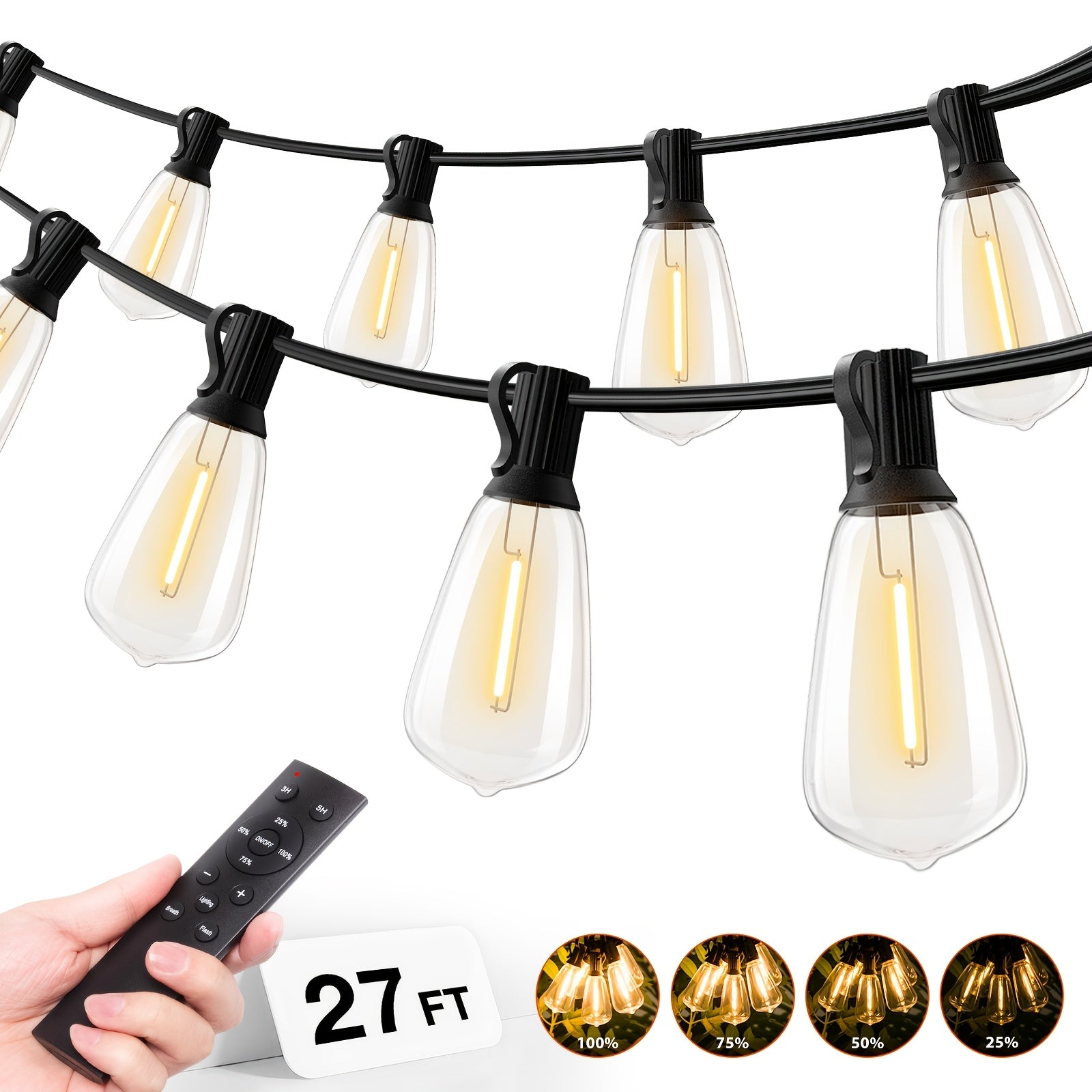 Waterproof Outdoor String Lights | Commercial Grade Led Lights, Optional Remote Control Dimming, Hanging For Backyard, Garden, Pergola, Party, Deck, Multiple Colors, 200Ft\u002F150Ft\u002F100Ft\u002F50Ft\u002F27Ft |, Yellow Light, 120V Plug Powered