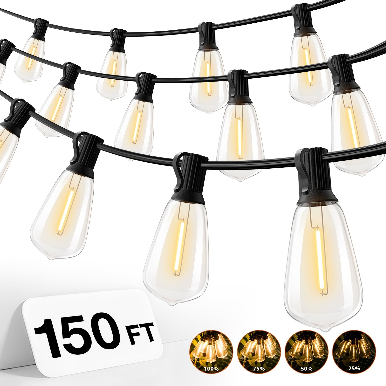 Waterproof Outdoor String Lights | Commercial Grade Led Lights, Optional Remote Control Dimming, Hanging For Backyard, Garden, Pergola, Party, Deck, Multiple Colors, 200Ft\u002F150Ft\u002F100Ft\u002F50Ft\u002F27Ft |, Yellow Light, 120V Plug Powered