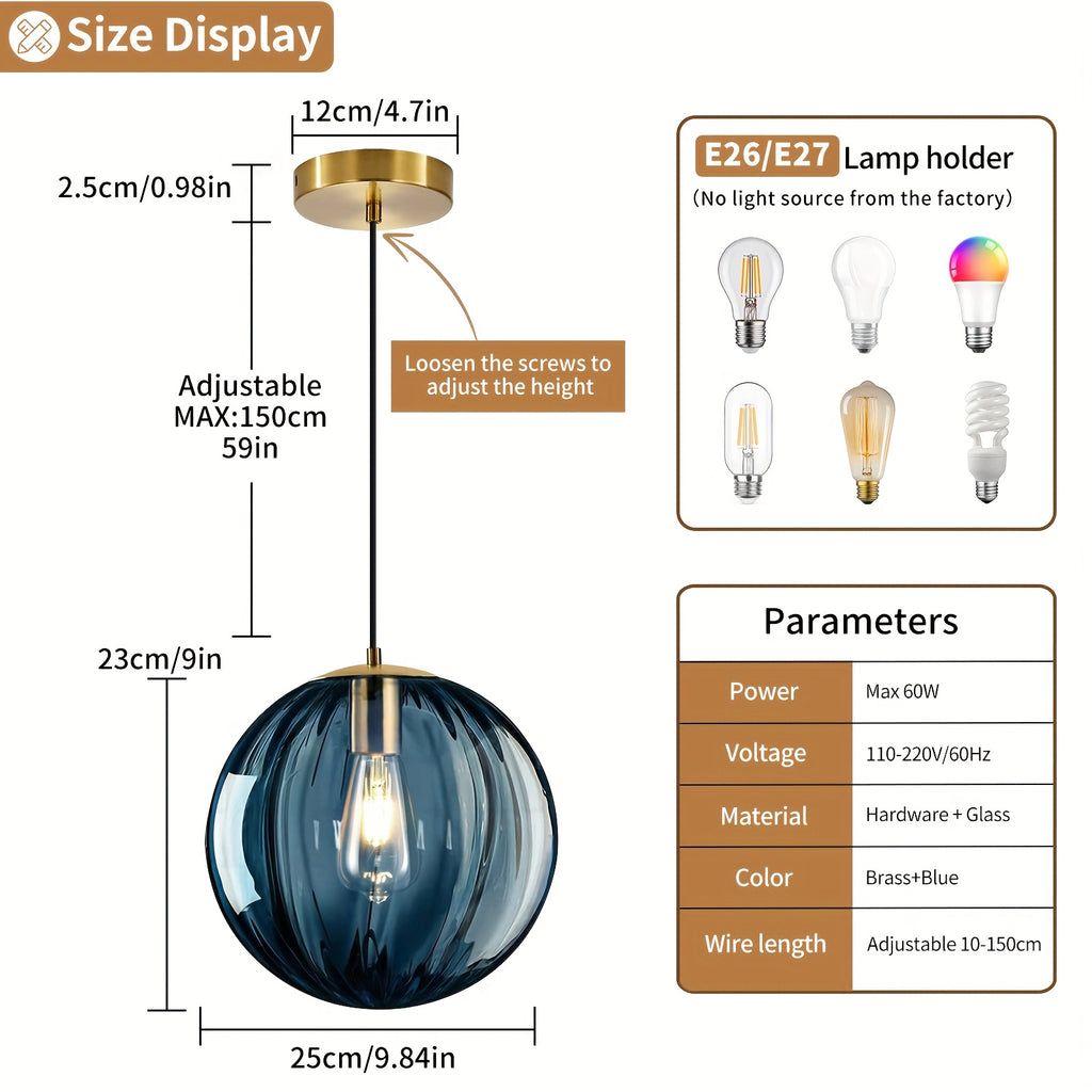 Modern European Minimalist Spherical Pendant Lamp with a Blue Translucent Striped Glass Lampshade, Ideal for Use in Bathrooms, Dining Rooms, Corridors, And Beside Beds in Restaurants (Bulb Not Included)