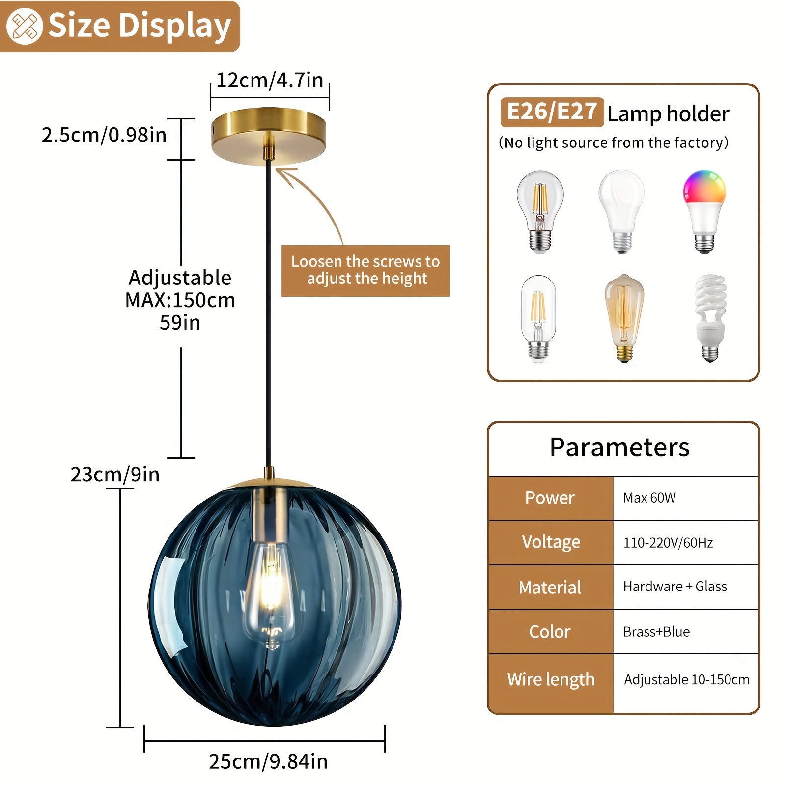 Modern European Minimalist Spherical Pendant Lamp with a Blue Translucent Striped Glass Lampshade, Ideal for Use in Bathrooms, Dining Rooms, Corridors, And Beside Beds in Restaurants (Bulb Not Included)