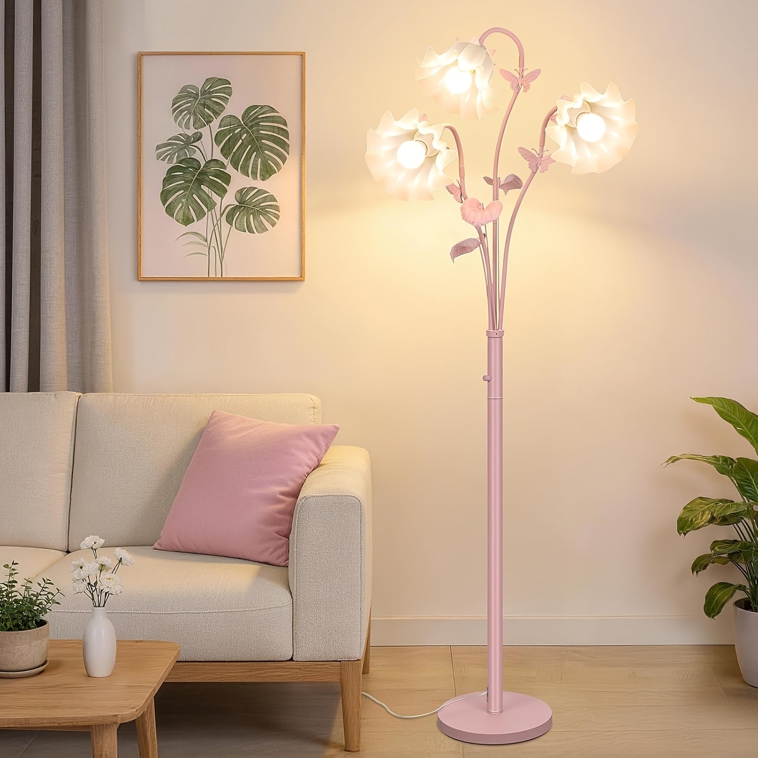 75'' Flower Floor Lamp for Living Room, 3-Light Floral Standing Lamp with Adjustable Gooseneck, Tall Corner Floor Lamp for Bedroom Office, Unique Aesthetic Home Decor, LED Bulbs Included