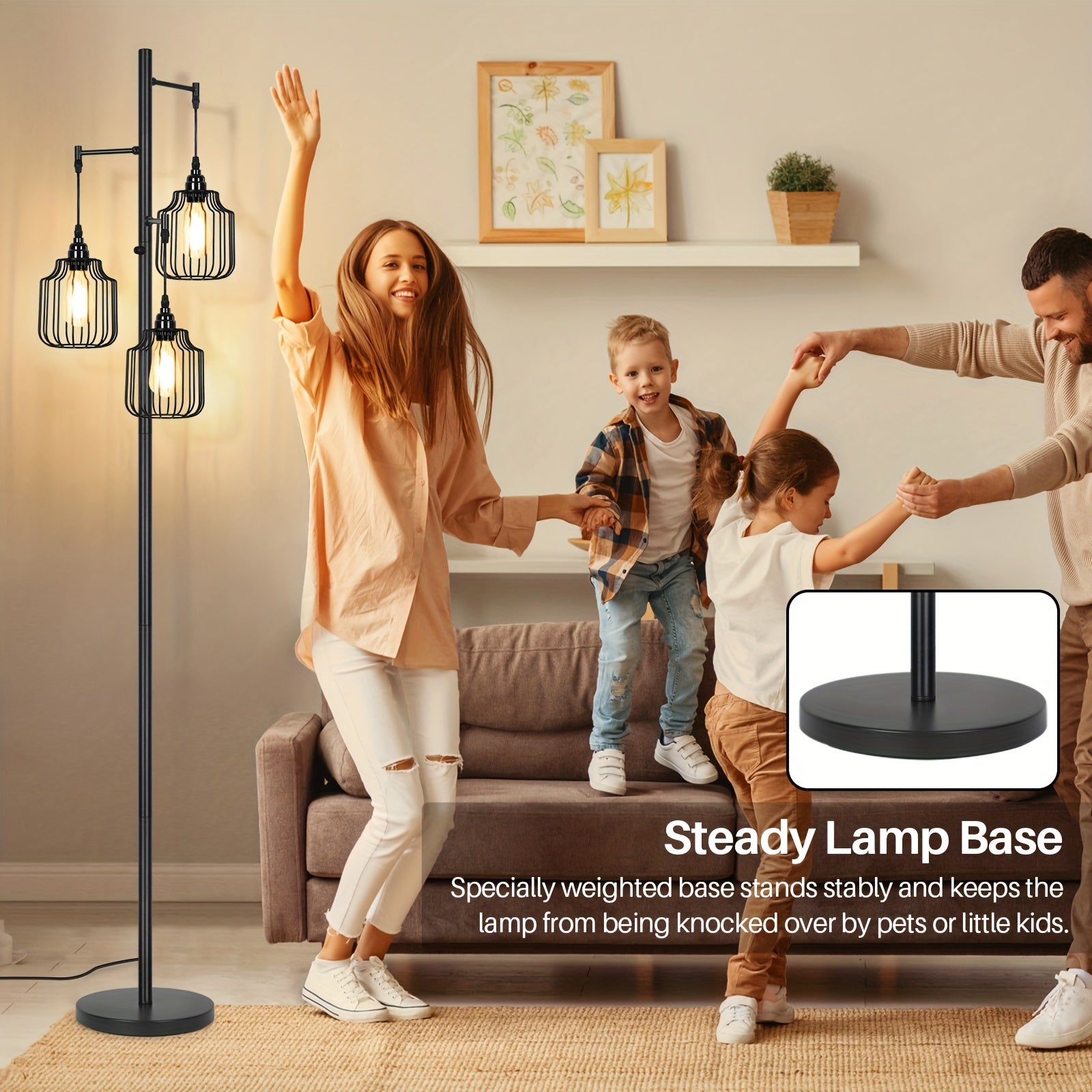 Dimmable Industrial Tree Floor Lamp For Living Room, With 3 Elegant Teardrop Cage Heads & ST58 Edison LED Bulbs, Sturdy Base Tall Vintage Pole Light Great For Farmhouse Rustic Bedroom Office