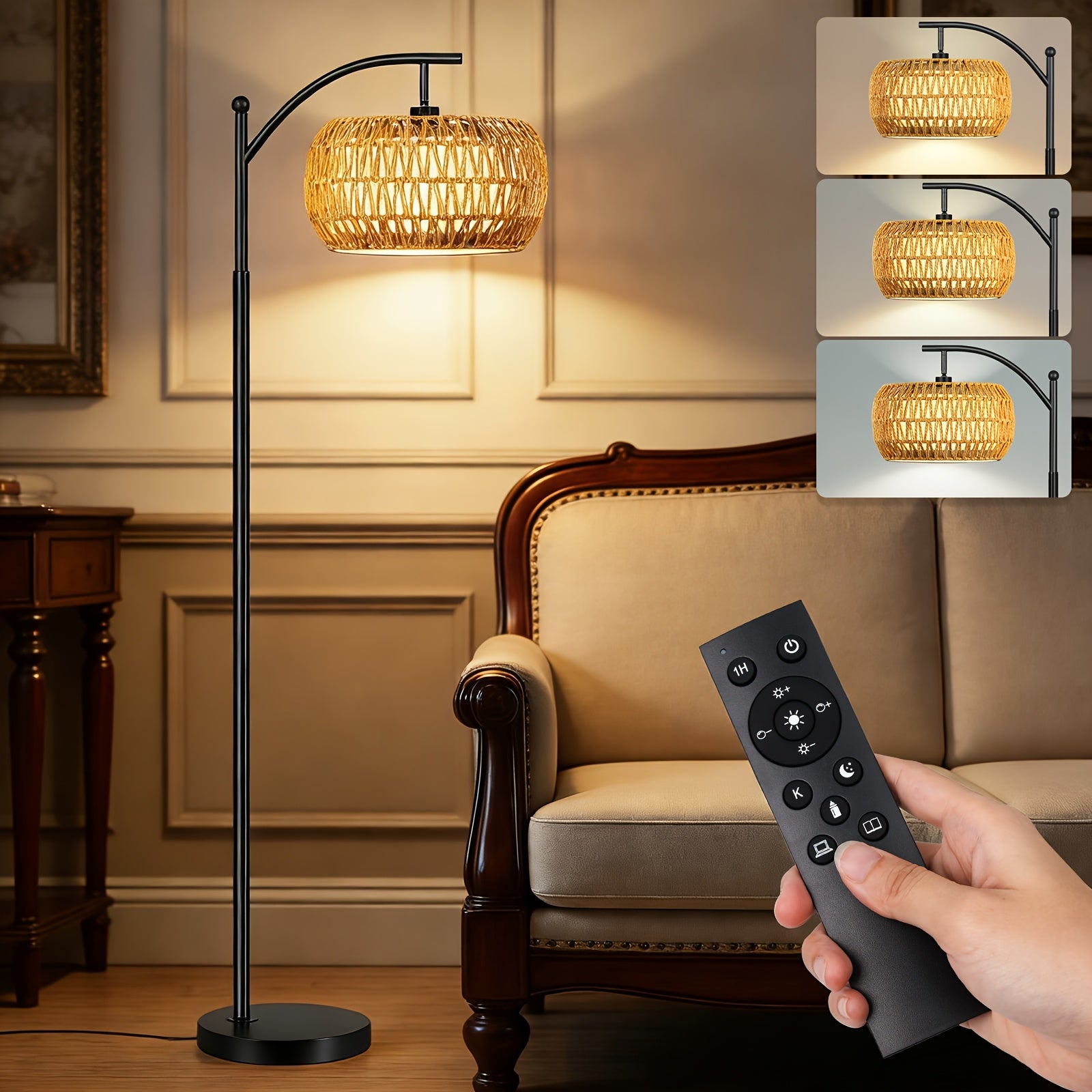 Boho Farmhouse Corner Floor Lamp, Arc Standing Lamp With 9W LED Bulb & 3 Color Temperatures, Adjustable Rattan Fabric Shades For Living Room Bedroom Corner Office