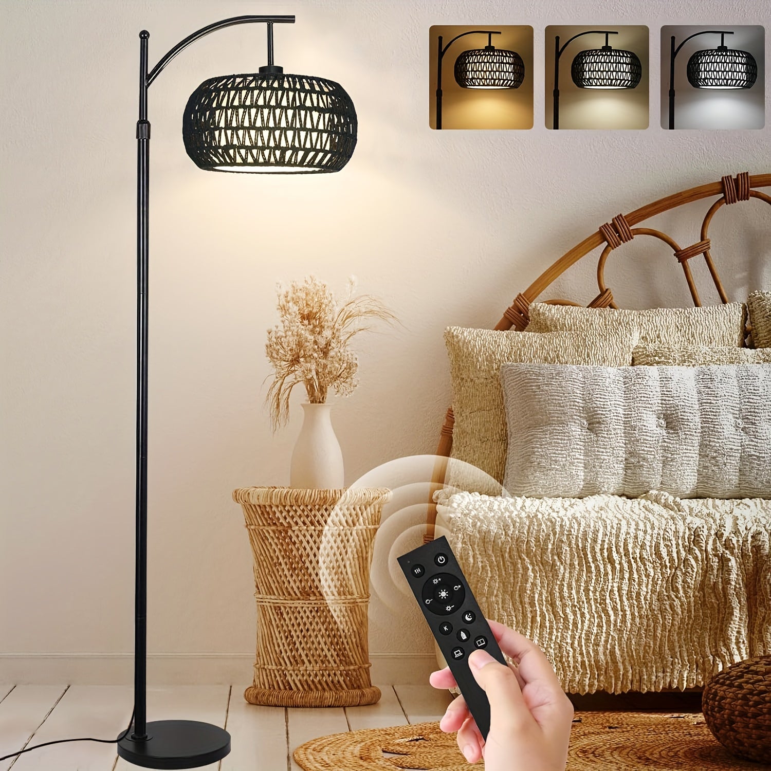 Boho Farmhouse Corner Floor Lamp, Arc Standing Lamp With 9W LED Bulb & 3 Color Temperatures, Adjustable Rattan Fabric Shades For Living Room Bedroom Corner Office