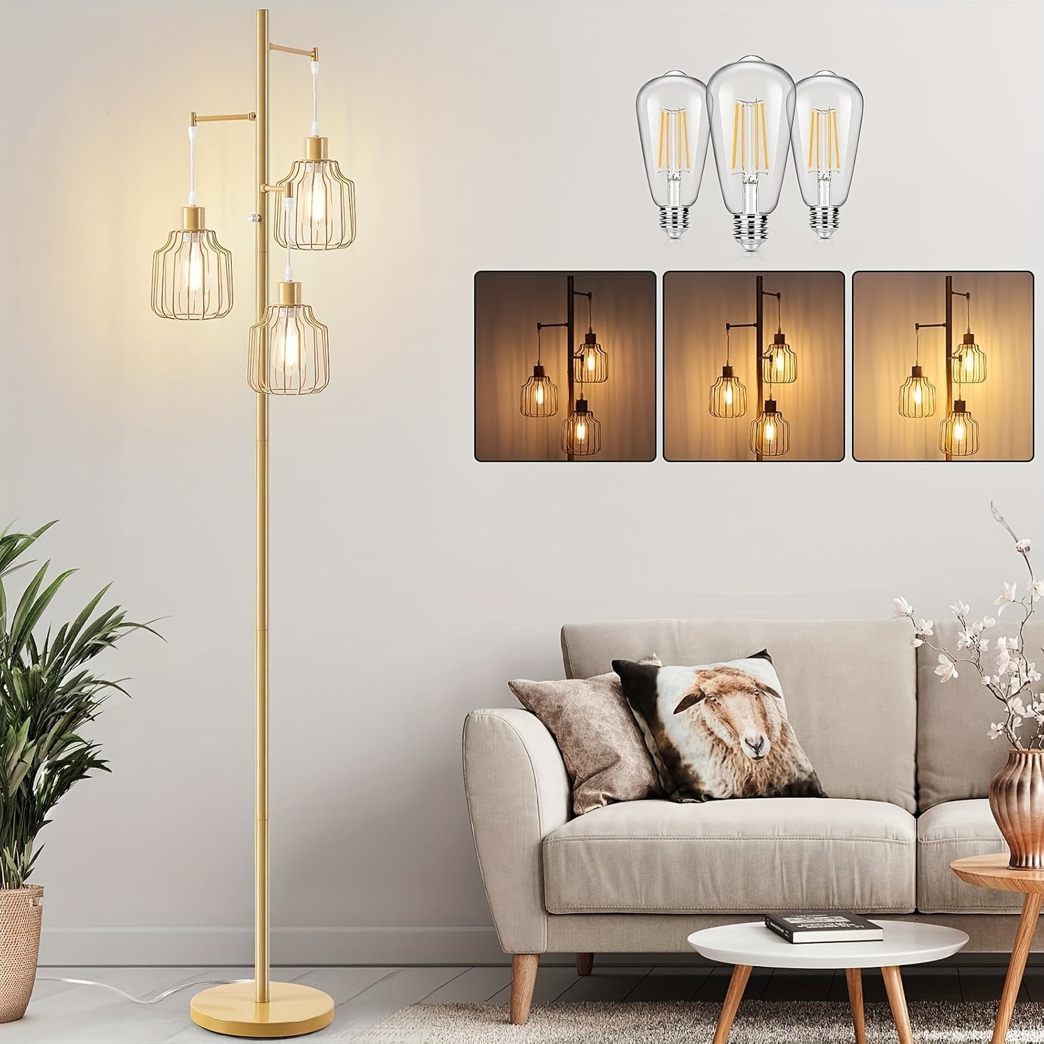 Dimmable Industrial Tree Floor Lamp For Living Room, With 3 Elegant Teardrop Cage Heads & ST58 Edison LED Bulbs, Sturdy Base Tall Vintage Pole Light Great For Farmhouse Rustic Bedroom Office
