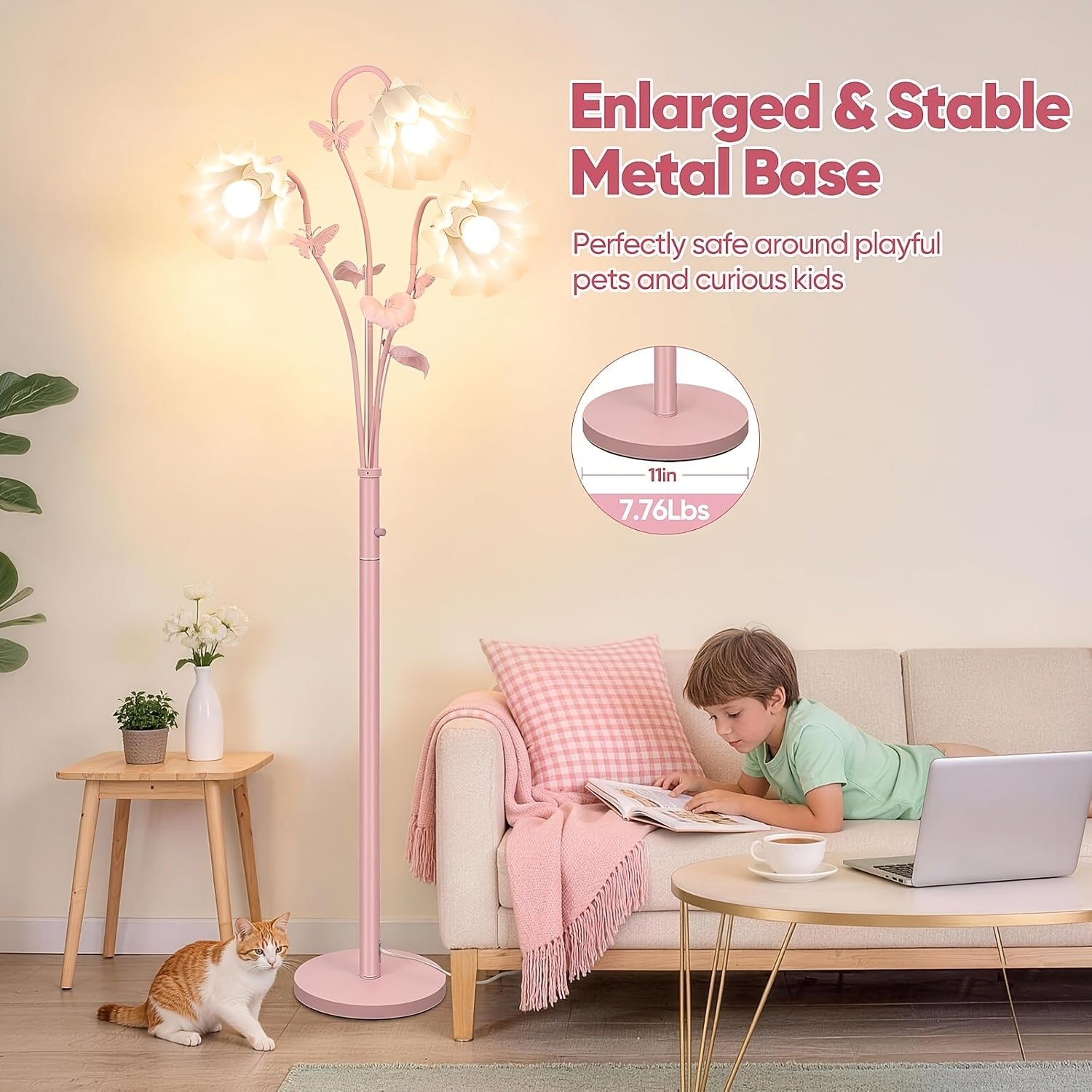 75'' Flower Floor Lamp for Living Room, 3-Light Floral Standing Lamp with Adjustable Gooseneck, Tall Corner Floor Lamp for Bedroom Office, Unique Aesthetic Home Decor, LED Bulbs Included