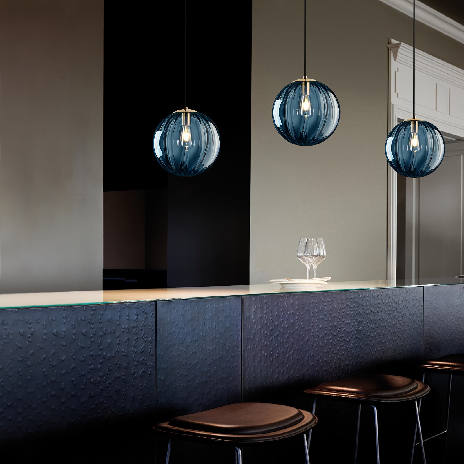 Modern European Minimalist Spherical Pendant Lamp with a Blue Translucent Striped Glass Lampshade, Ideal for Use in Bathrooms, Dining Rooms, Corridors, And Beside Beds in Restaurants (Bulb Not Included)