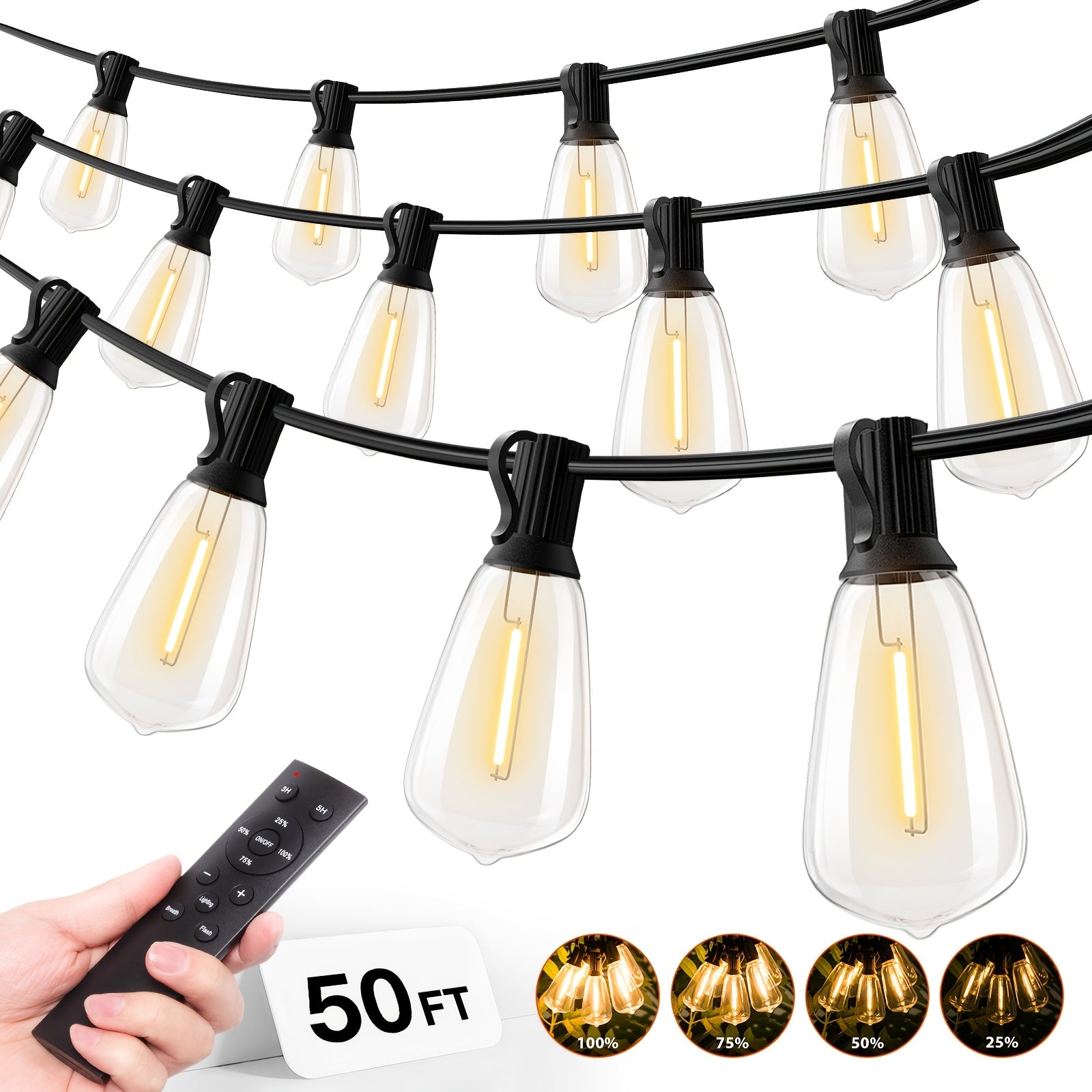 Waterproof Outdoor String Lights | Commercial Grade Led Lights, Optional Remote Control Dimming, Hanging For Backyard, Garden, Pergola, Party, Deck, Multiple Colors, 200Ft\u002F150Ft\u002F100Ft\u002F50Ft\u002F27Ft |, Yellow Light, 120V Plug Powered