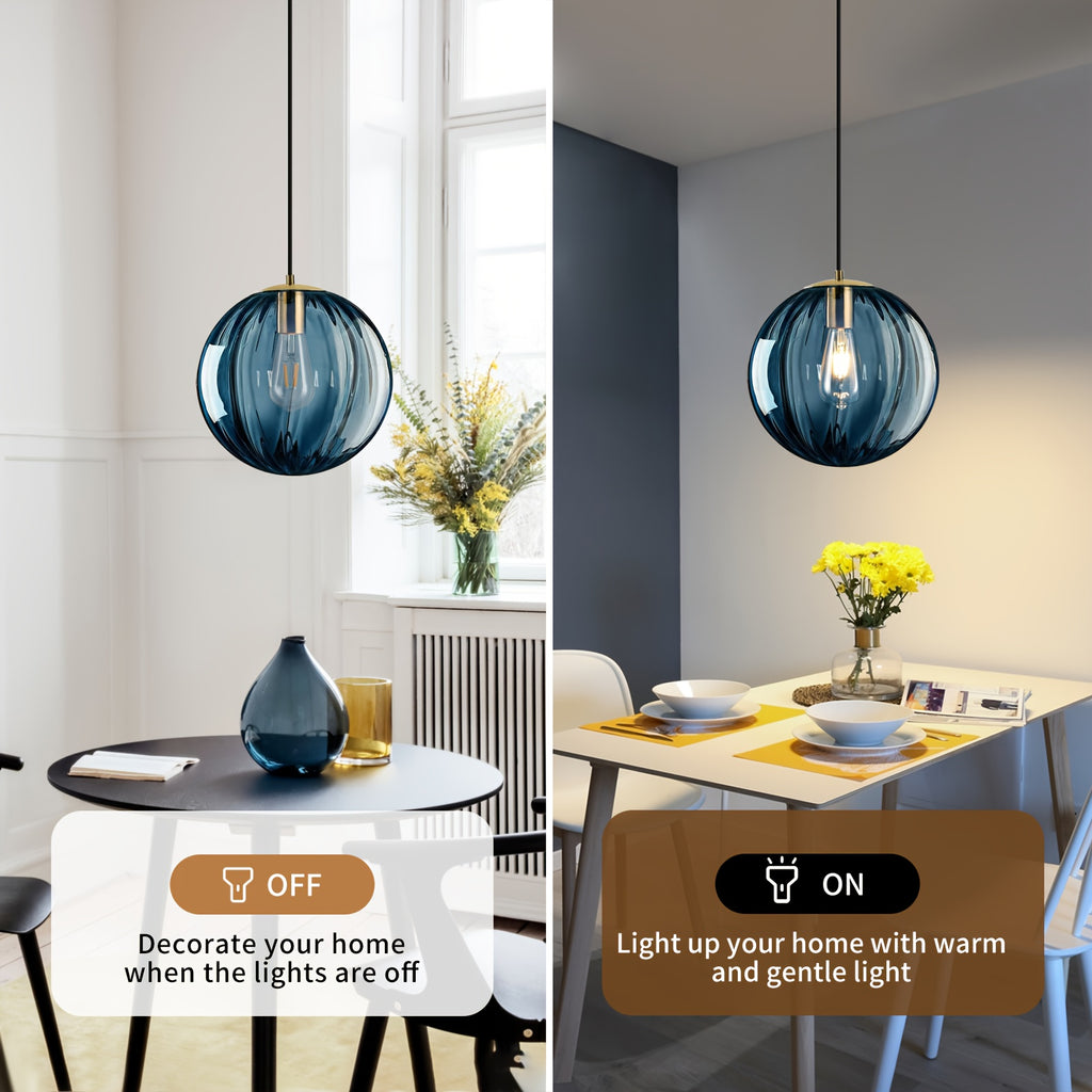 Modern European Minimalist Spherical Pendant Lamp with a Blue Translucent Striped Glass Lampshade, Ideal for Use in Bathrooms, Dining Rooms, Corridors, And Beside Beds in Restaurants (Bulb Not Included)