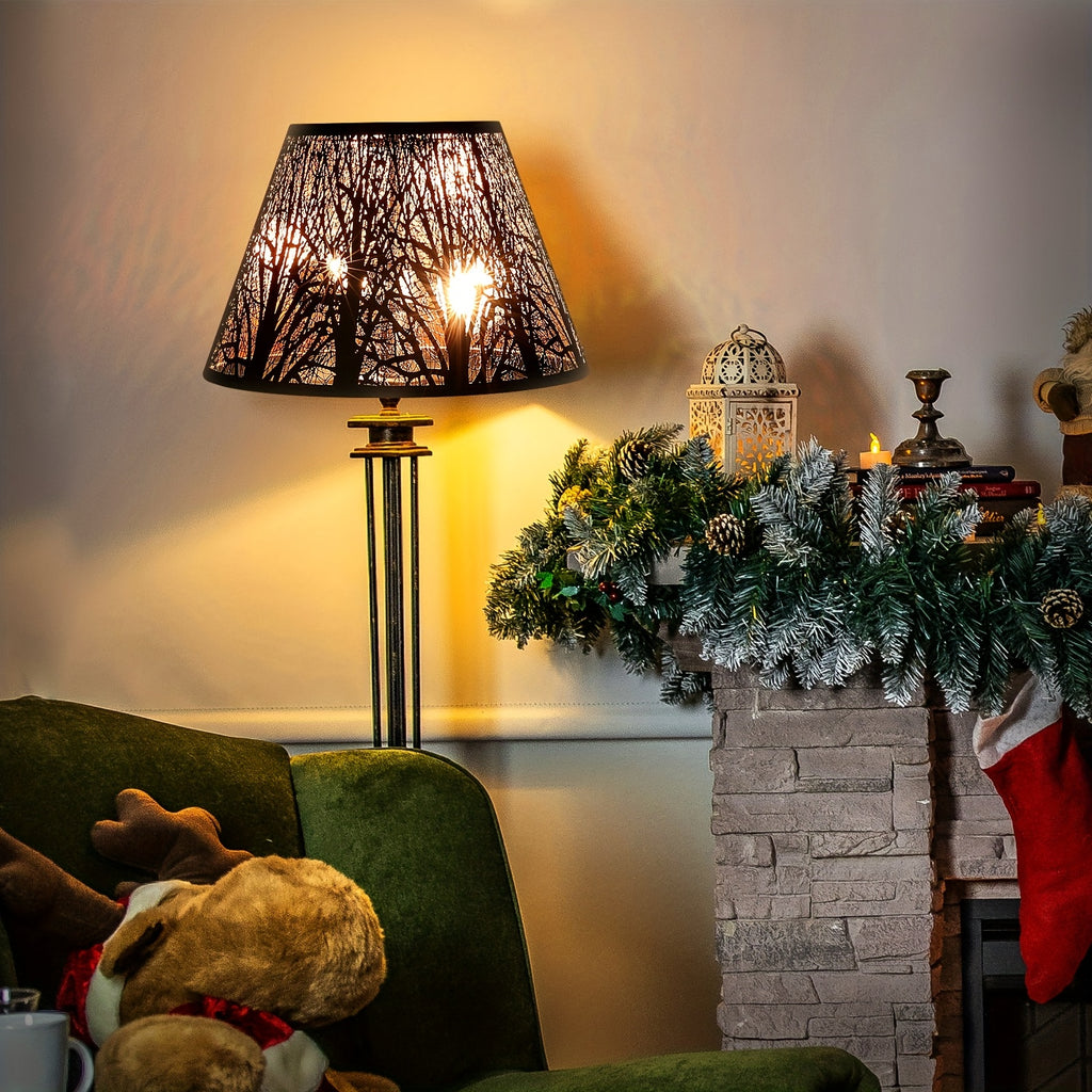 Etched Woodland Metal Lampshade Compatible for Table\u002FFloor Lamps - Black Exterior & Golden Interior Diffuser, Elegant Shade for, Square (7x13x7.8\