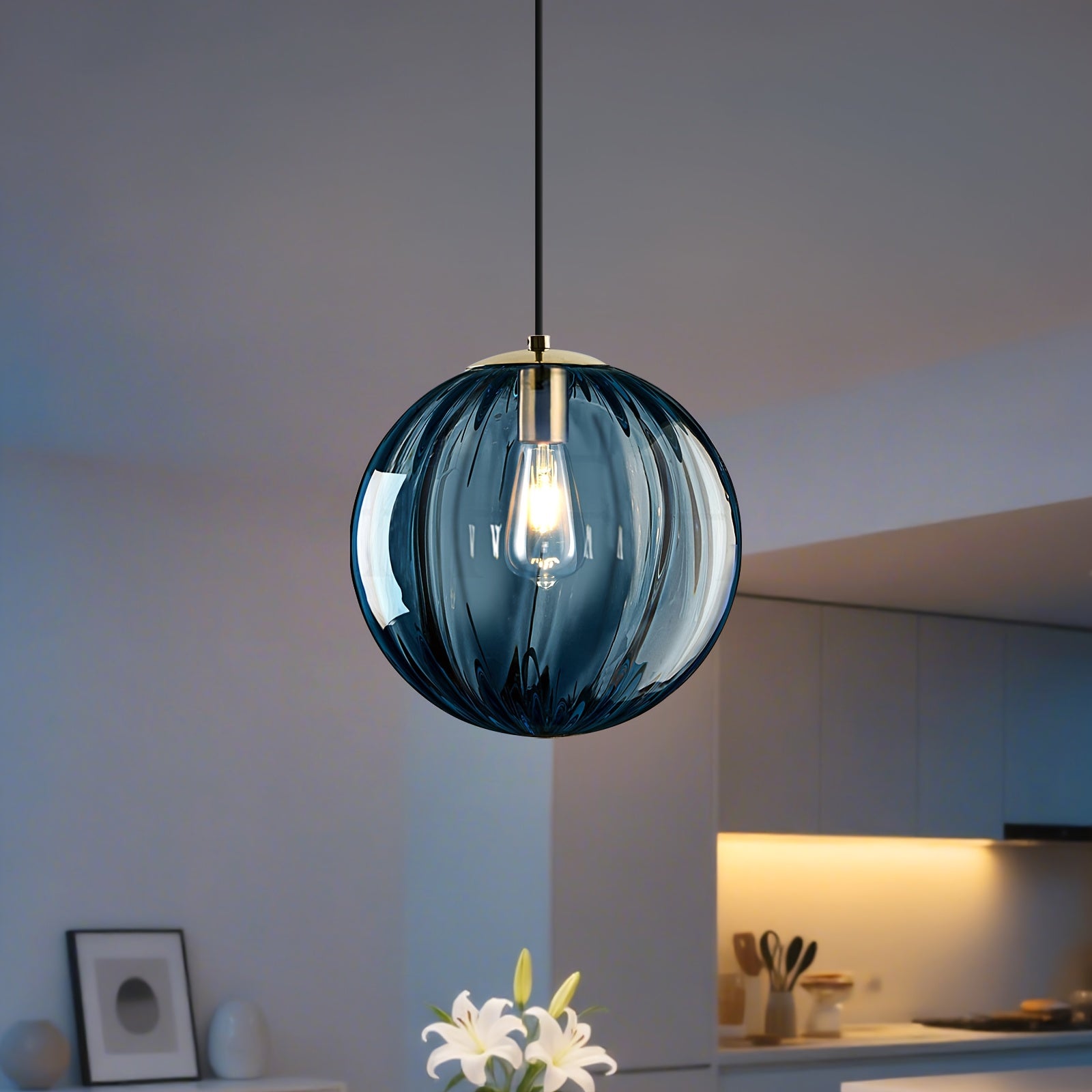 Modern European Minimalist Spherical Pendant Lamp with a Blue Translucent Striped Glass Lampshade, Ideal for Use in Bathrooms, Dining Rooms, Corridors, And Beside Beds in Restaurants (Bulb Not Included)