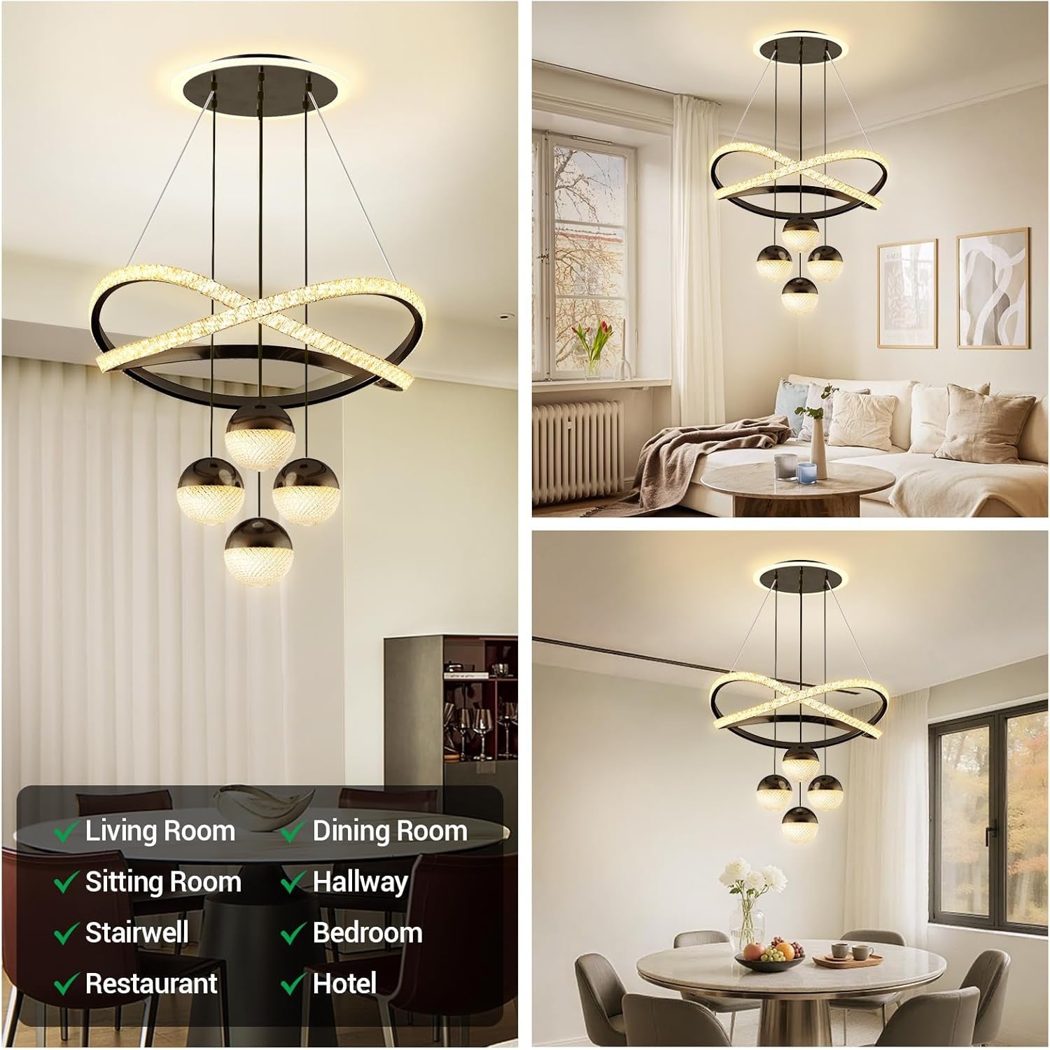 3-Color Dimmable Modern Chandelier with Remote, Adjustable Height Black Pendant Light, Lighting Fixture Dining Table Kitchen Island Living Room Bedroom
