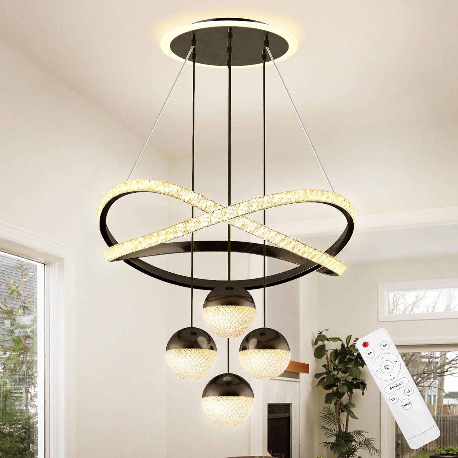 3-Color Dimmable Modern Chandelier with Remote, Adjustable Height Black Pendant Light, Lighting Fixture Dining Table Kitchen Island Living Room Bedroom