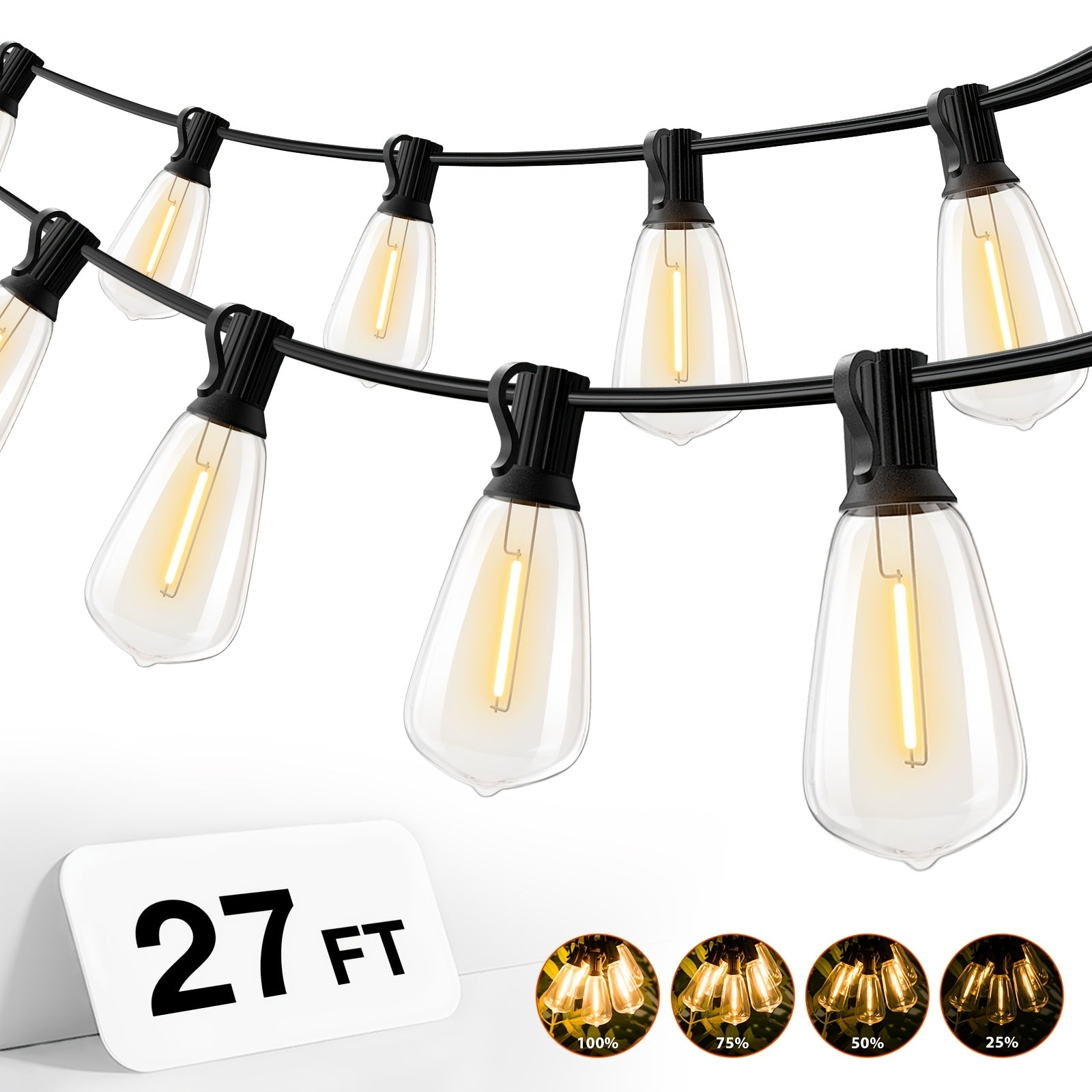 Waterproof Outdoor String Lights | Commercial Grade Led Lights, Optional Remote Control Dimming, Hanging For Backyard, Garden, Pergola, Party, Deck, Multiple Colors, 200Ft\u002F150Ft\u002F100Ft\u002F50Ft\u002F27Ft |, Yellow Light, 120V Plug Powered