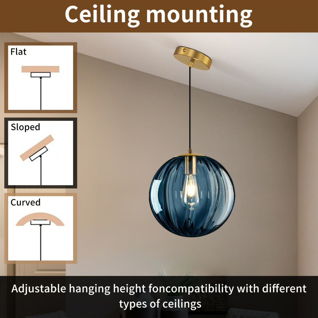 Modern European Minimalist Spherical Pendant Lamp with a Blue Translucent Striped Glass Lampshade, Ideal for Use in Bathrooms, Dining Rooms, Corridors, And Beside Beds in Restaurants (Bulb Not Included)
