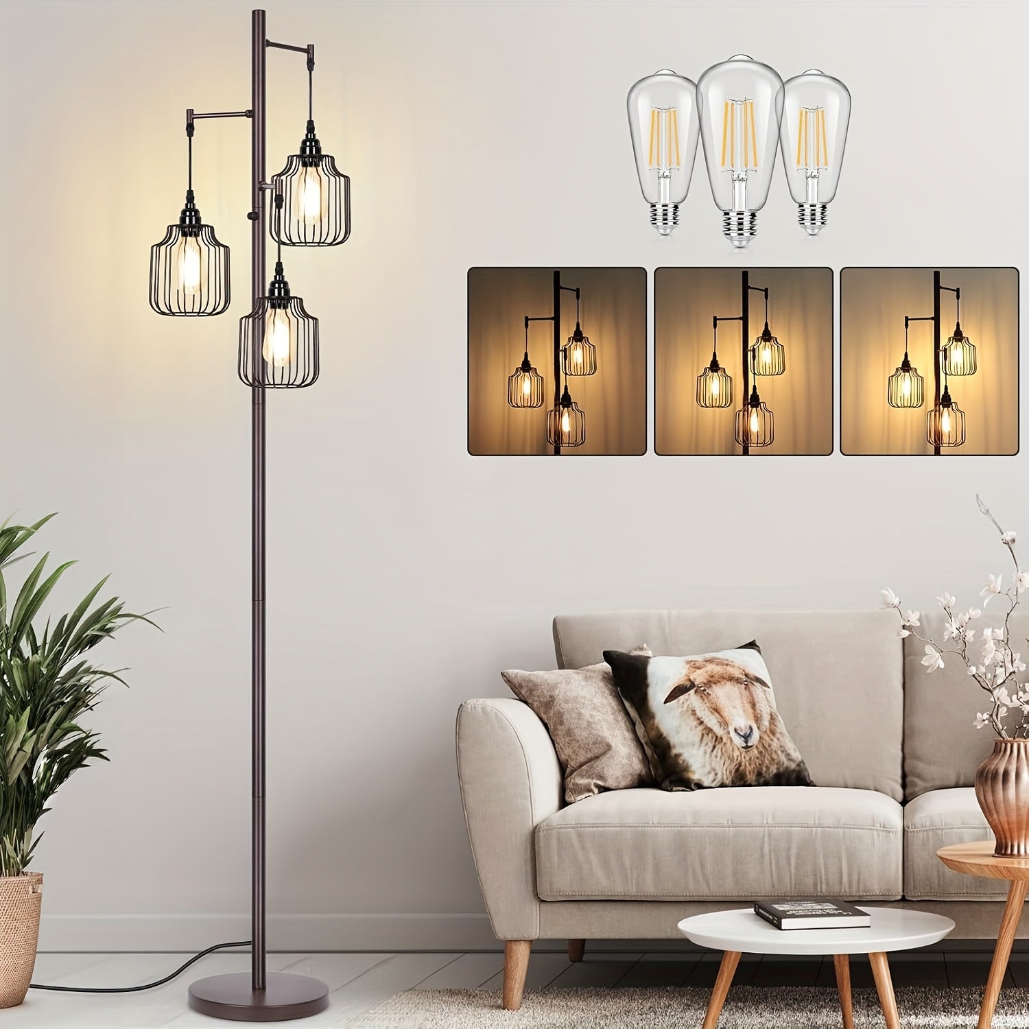 Dimmable Industrial Tree Floor Lamp For Living Room, With 3 Elegant Teardrop Cage Heads & ST58 Edison LED Bulbs, Sturdy Base Tall Vintage Pole Light Great For Farmhouse Rustic Bedroom Office