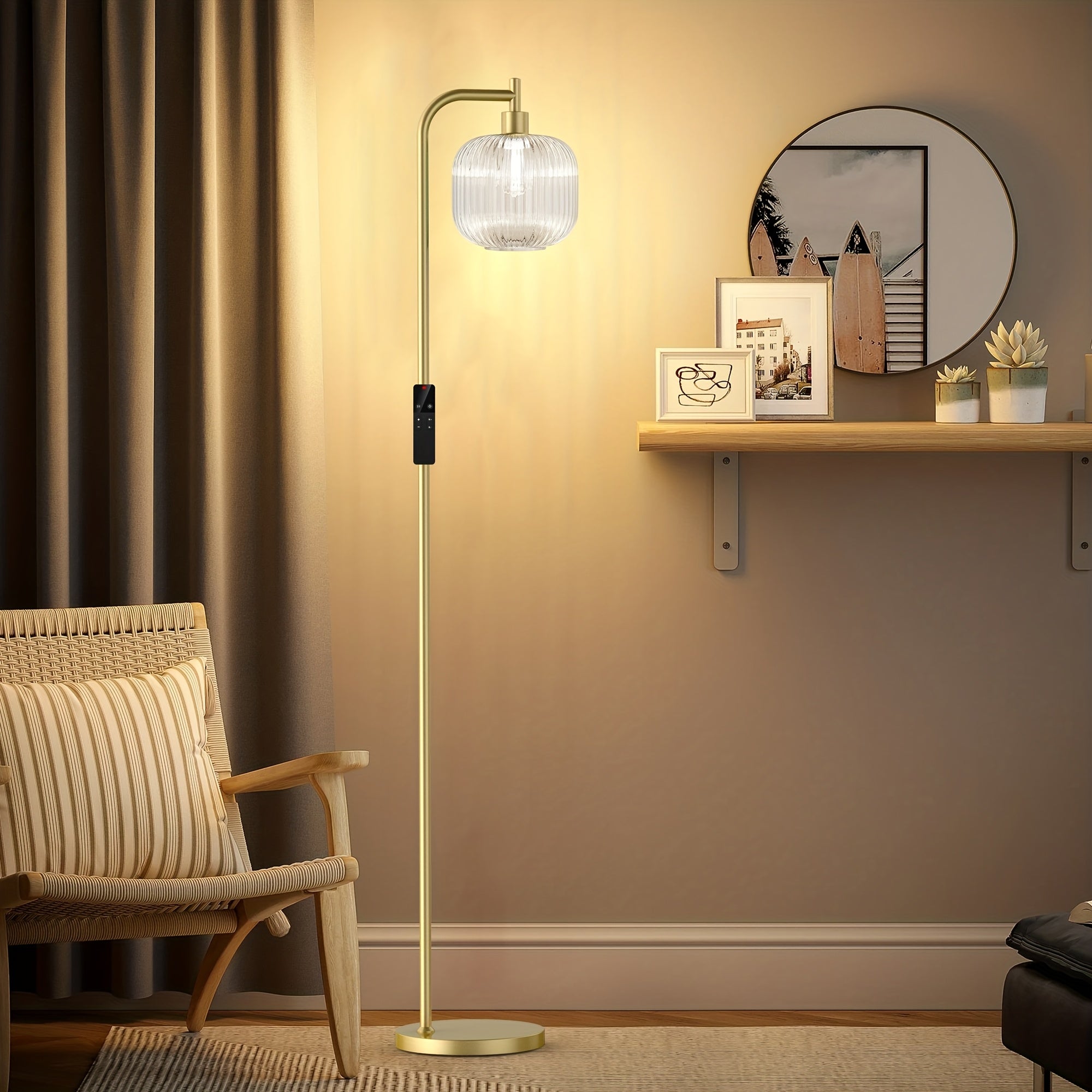 Arched Floor Lamp With Glass Shade, Bulb Included And Magnetic Remote Control, Floor Lamps For Living Room Modern