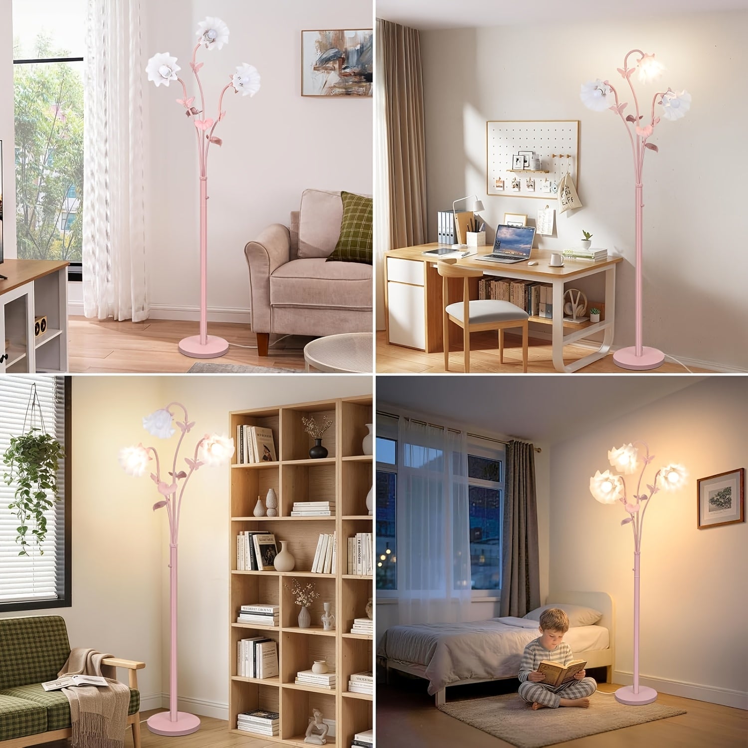 75'' Flower Floor Lamp for Living Room, 3-Light Floral Standing Lamp with Adjustable Gooseneck, Tall Corner Floor Lamp for Bedroom Office, Unique Aesthetic Home Decor, LED Bulbs Included