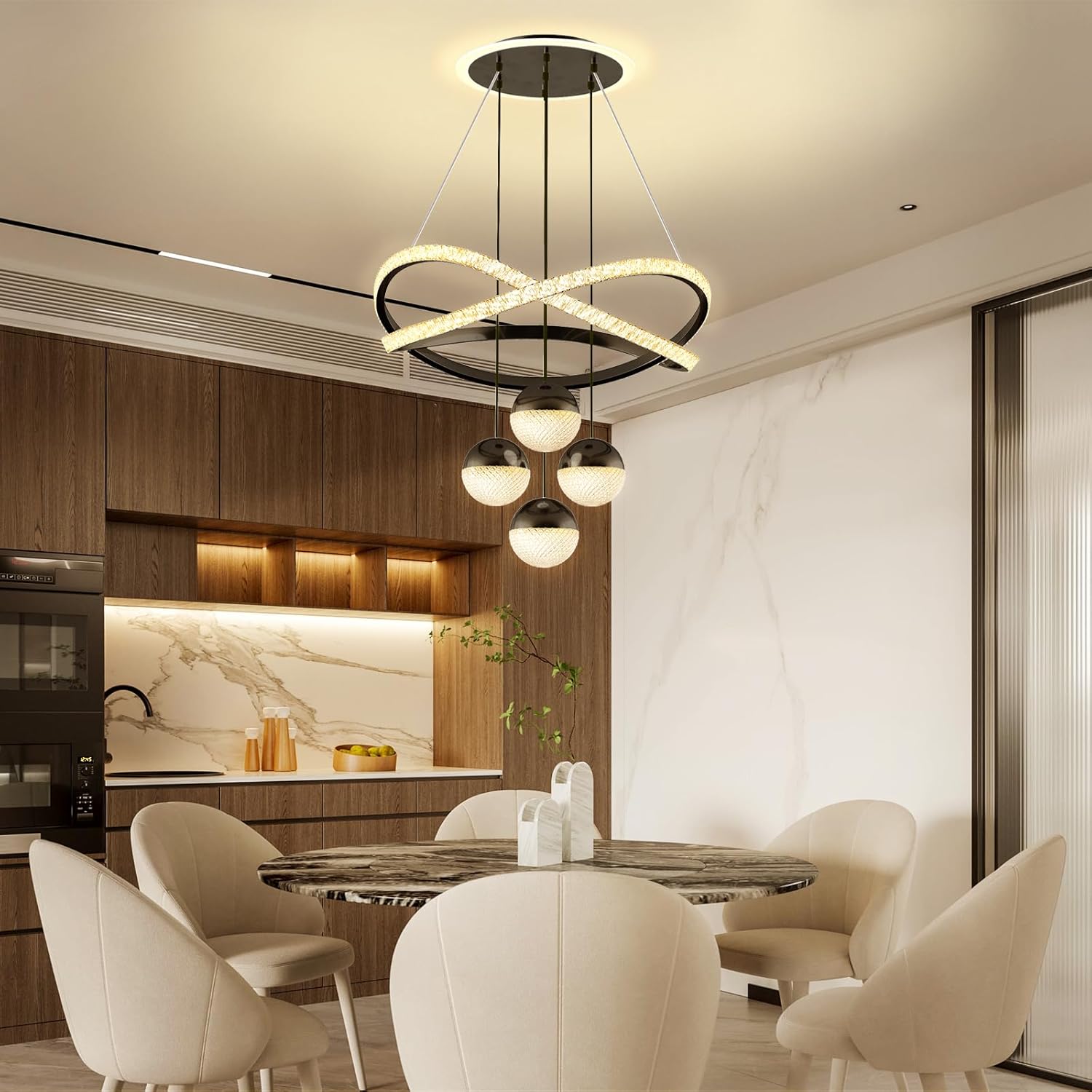 3-Color Dimmable Modern Chandelier with Remote, Adjustable Height Black Pendant Light, Lighting Fixture Dining Table Kitchen Island Living Room Bedroom