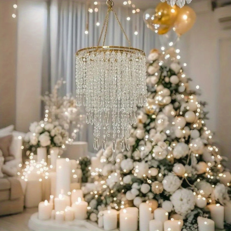 1pc Modern Long Branch Chandelier Lampshade with Sparkling Acrylic Beadwork & Crystal Droplets - Elegant Beaded Fixture Suitable for Weddings, Parties, Ceiling Decoration - Long Length (Multiple Sizes Available)
