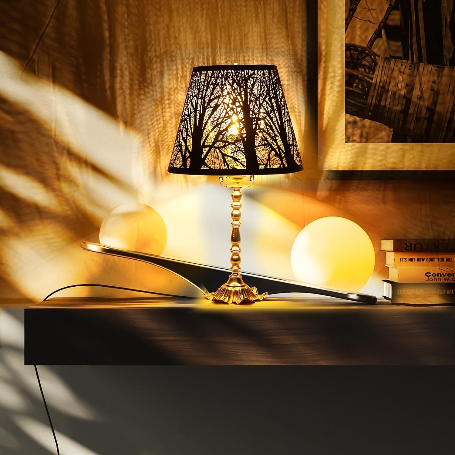 Etched Woodland Metal Lampshade Compatible for Table\u002FFloor Lamps - Black Exterior & Golden Interior Diffuser, Elegant Shade for, Square (7x13x7.8\