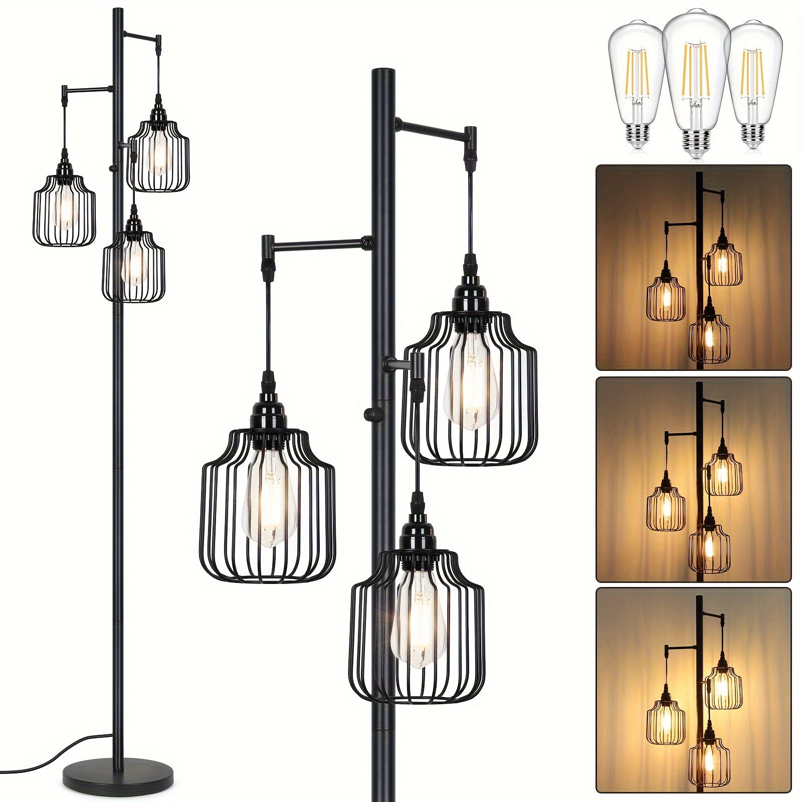 Dimmable Industrial Tree Floor Lamp For Living Room, With 3 Elegant Teardrop Cage Heads & ST58 Edison LED Bulbs, Sturdy Base Tall Vintage Pole Light Great For Farmhouse Rustic Bedroom Office