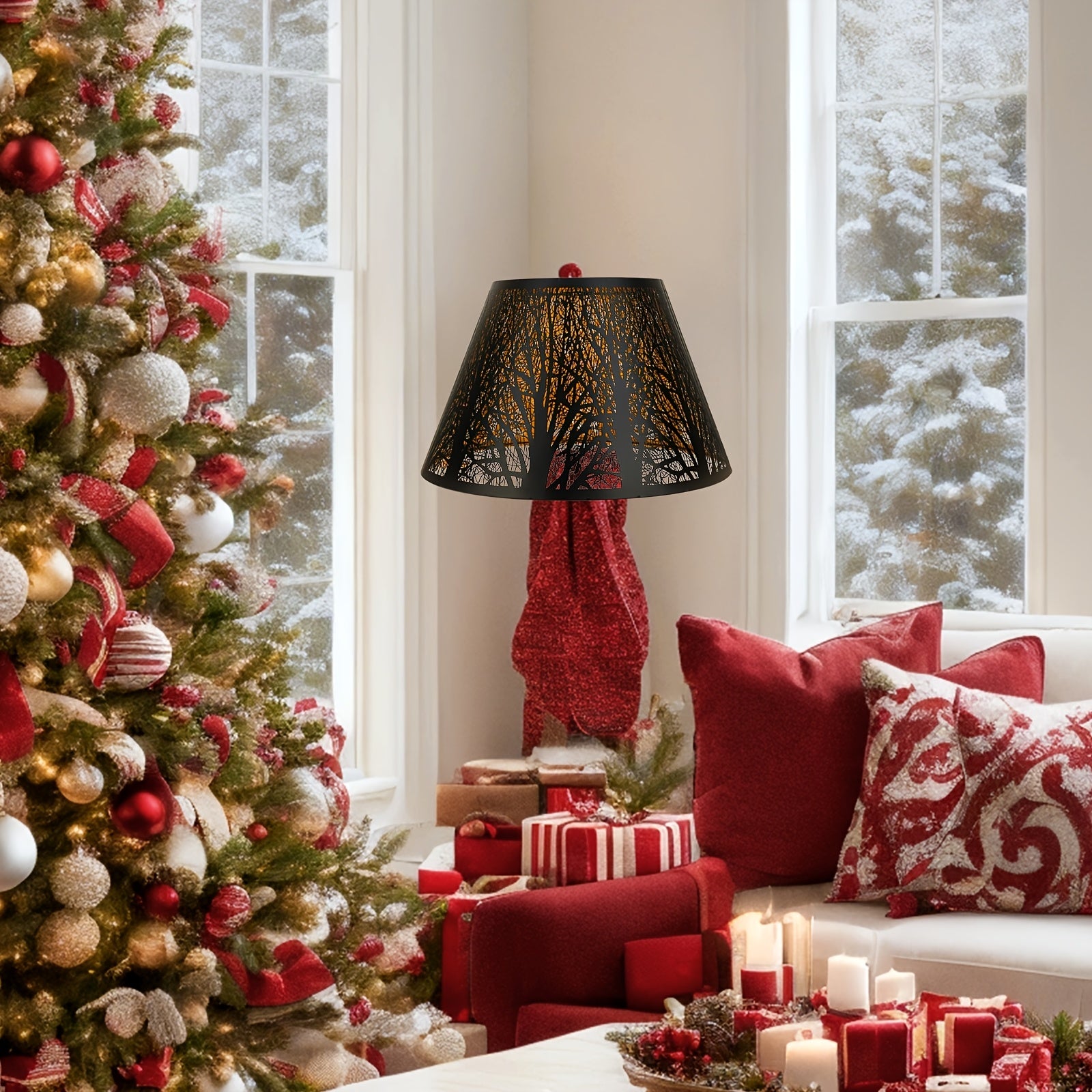 Etched Woodland Metal Lampshade Compatible for Table\u002FFloor Lamps - Black Exterior & Golden Interior Diffuser, Elegant Shade for, Square (7x13x7.8\