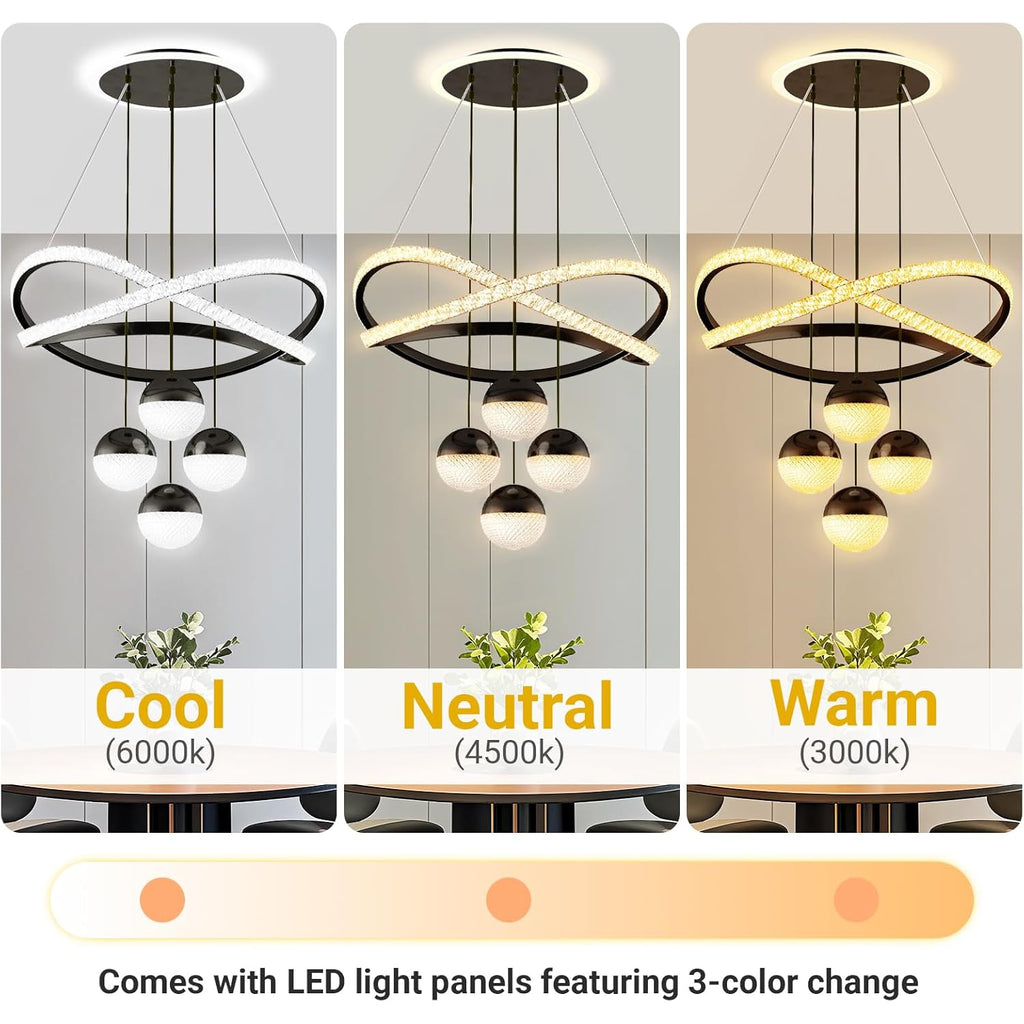 3-Color Dimmable Modern Chandelier with Remote, Adjustable Height Black Pendant Light, Lighting Fixture Dining Table Kitchen Island Living Room Bedroom