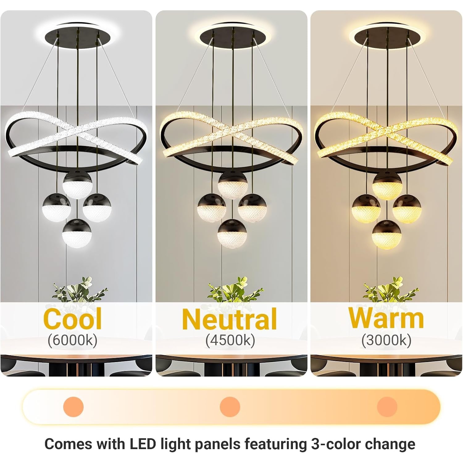 3-Color Dimmable Modern Chandelier with Remote, Adjustable Height Black Pendant Light, Lighting Fixture Dining Table Kitchen Island Living Room Bedroom