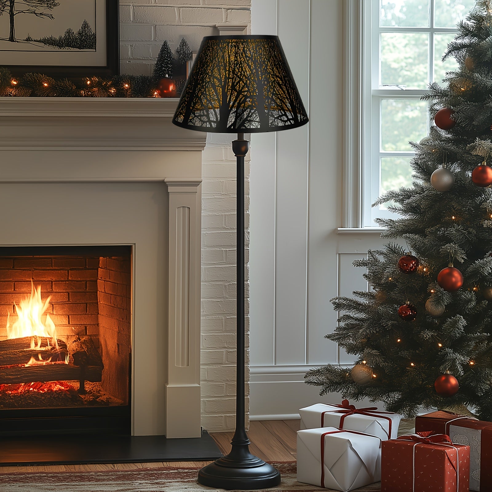 Etched Woodland Metal Lampshade Compatible for Table\u002FFloor Lamps - Black Exterior & Golden Interior Diffuser, Elegant Shade for, Square (7x13x7.8\