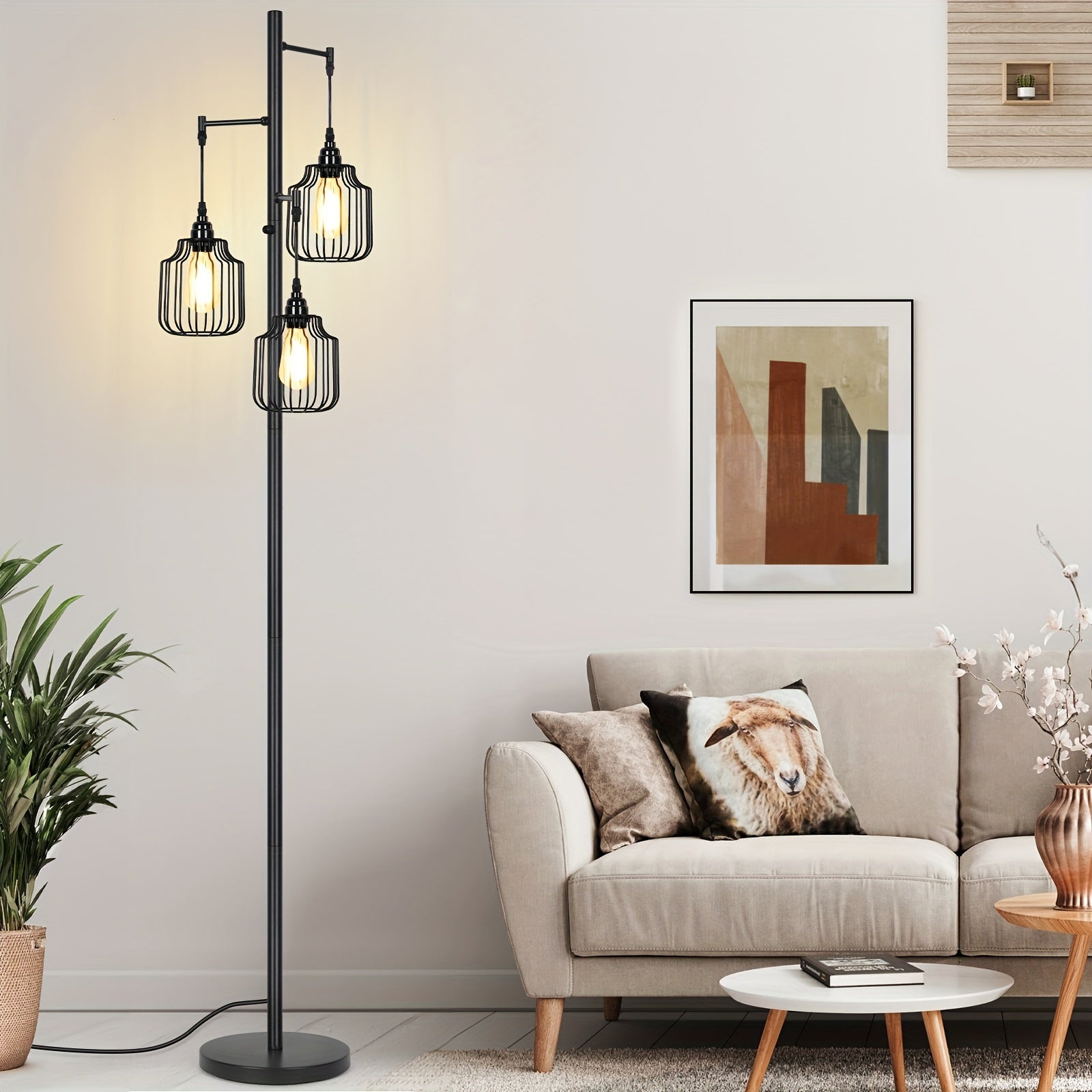 Dimmable Industrial Tree Floor Lamp For Living Room, With 3 Elegant Teardrop Cage Heads & ST58 Edison LED Bulbs, Sturdy Base Tall Vintage Pole Light Great For Farmhouse Rustic Bedroom Office