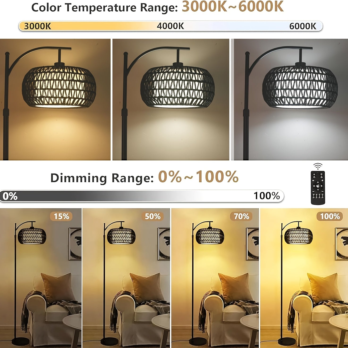 Boho Farmhouse Corner Floor Lamp, Arc Standing Lamp With 9W LED Bulb & 3 Color Temperatures, Adjustable Rattan Fabric Shades For Living Room Bedroom Corner Office