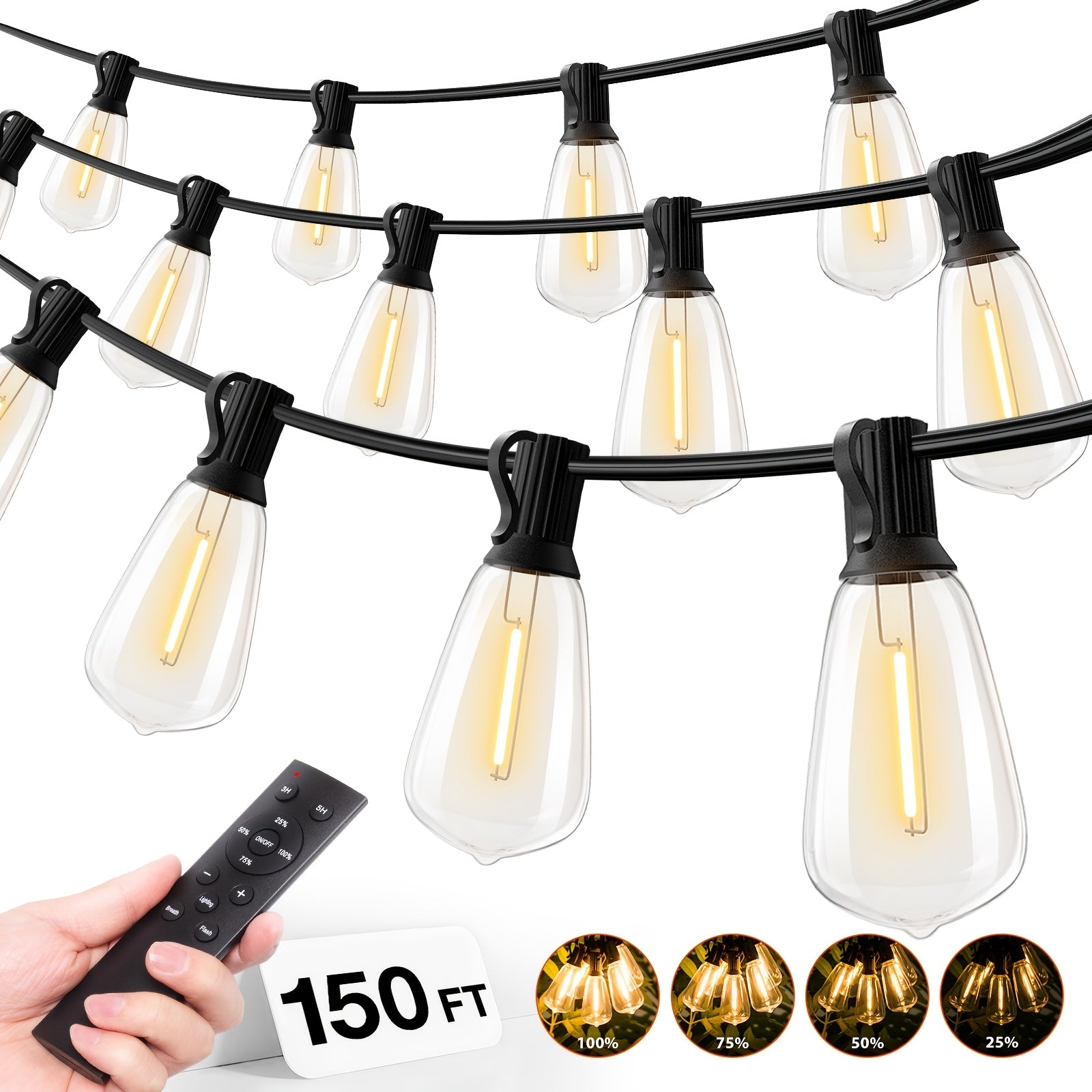 Waterproof Outdoor String Lights | Commercial Grade Led Lights, Optional Remote Control Dimming, Hanging For Backyard, Garden, Pergola, Party, Deck, Multiple Colors, 200Ft\u002F150Ft\u002F100Ft\u002F50Ft\u002F27Ft |, Yellow Light, 120V Plug Powered