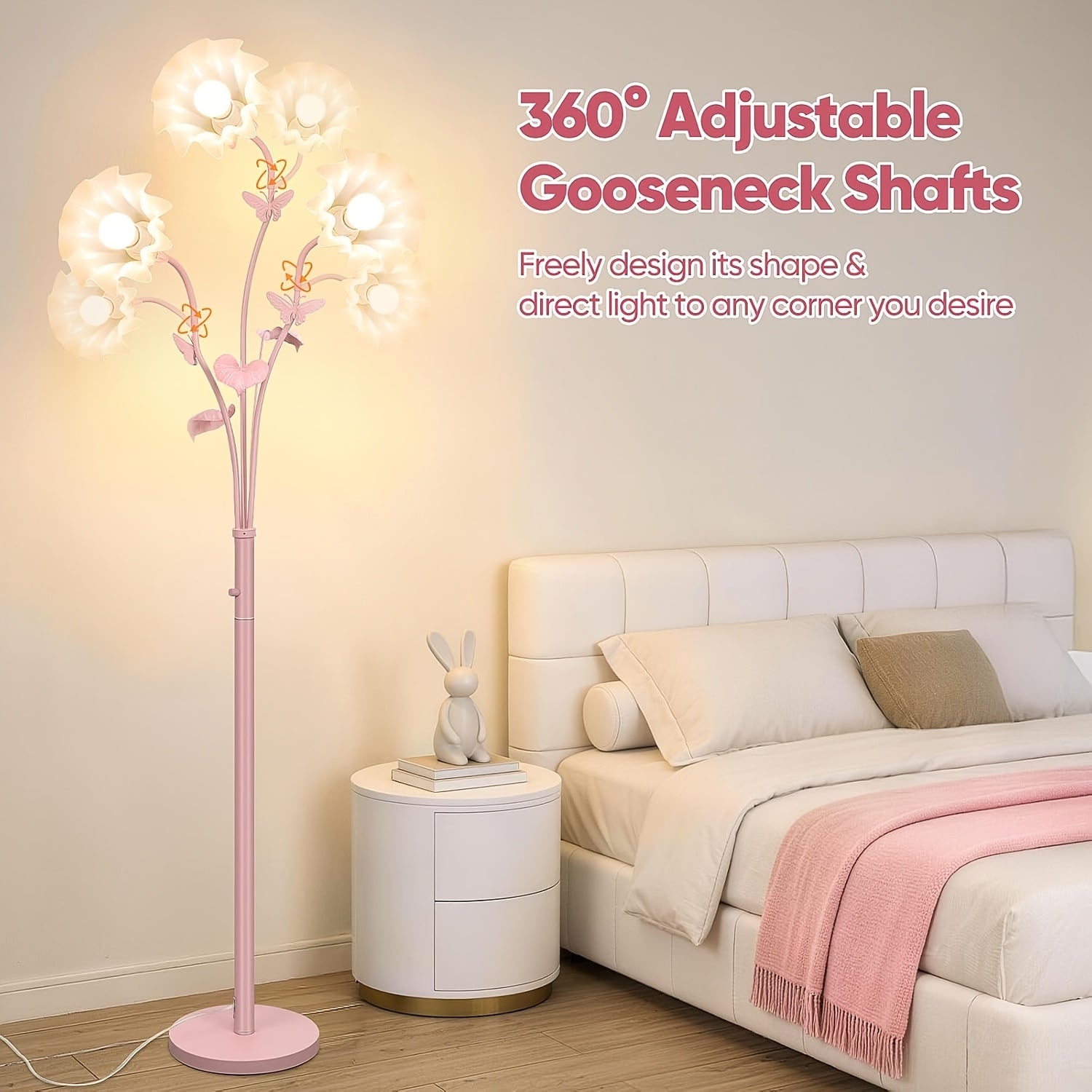75'' Flower Floor Lamp for Living Room, 3-Light Floral Standing Lamp with Adjustable Gooseneck, Tall Corner Floor Lamp for Bedroom Office, Unique Aesthetic Home Decor, LED Bulbs Included