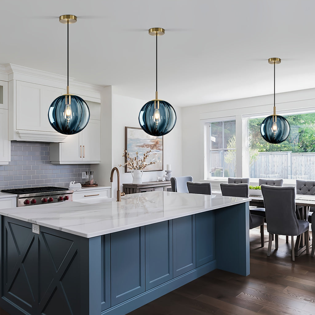 Modern European Minimalist Spherical Pendant Lamp with a Blue Translucent Striped Glass Lampshade, Ideal for Use in Bathrooms, Dining Rooms, Corridors, And Beside Beds in Restaurants (Bulb Not Included)