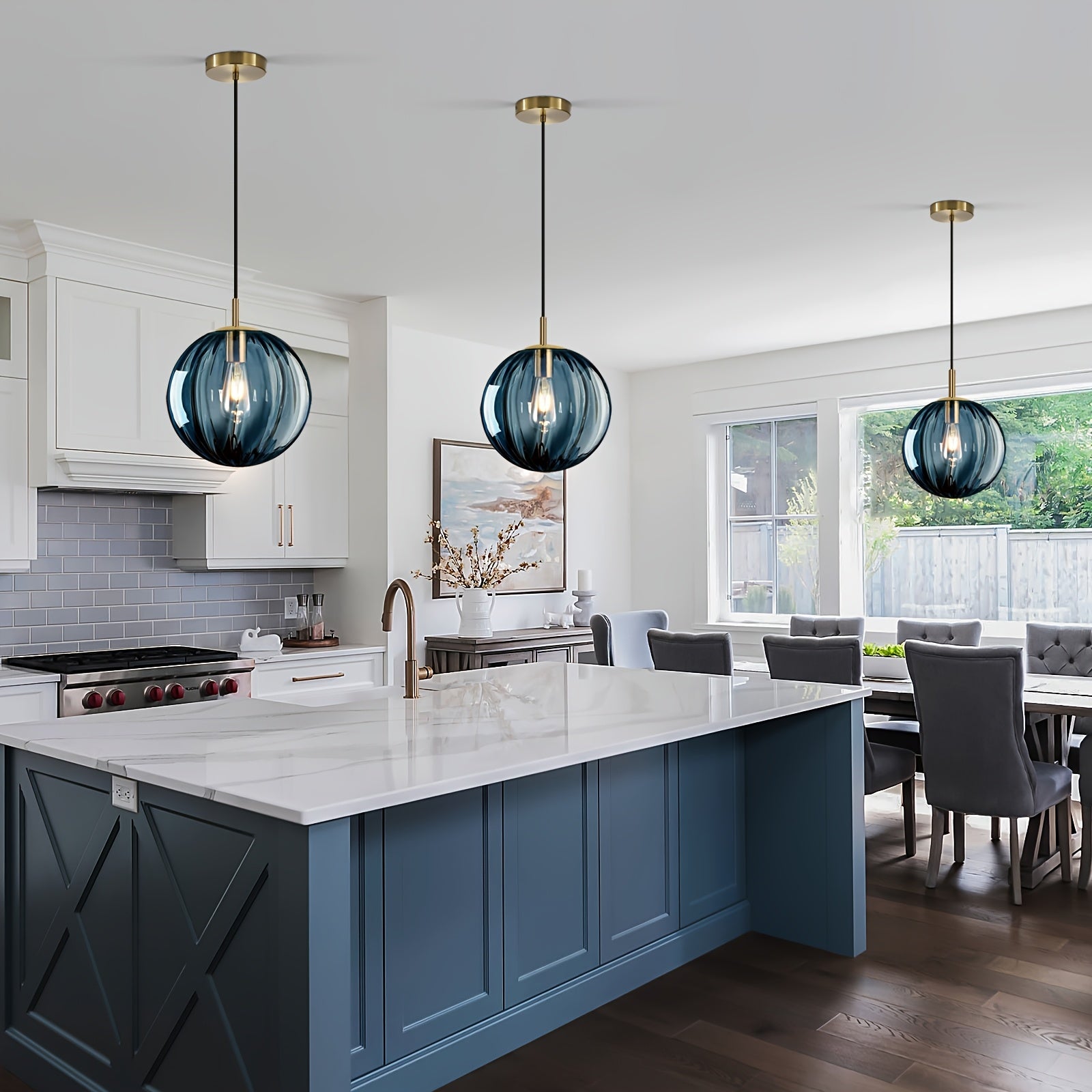 Modern European Minimalist Spherical Pendant Lamp with a Blue Translucent Striped Glass Lampshade, Ideal for Use in Bathrooms, Dining Rooms, Corridors, And Beside Beds in Restaurants (Bulb Not Included)